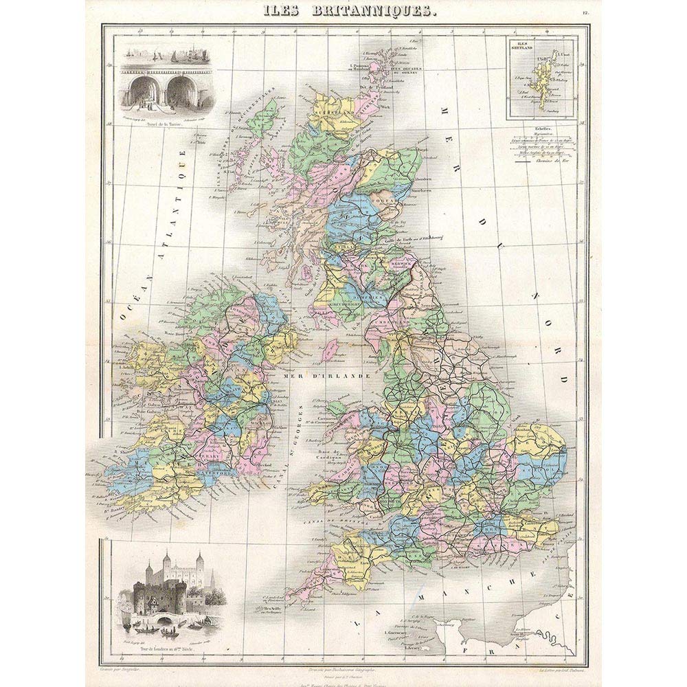 Wee Blue Coo 1878 Migeon Map The British Isles England Ireland Scotland Art Print Poster Wall Decor 12X16 Inch