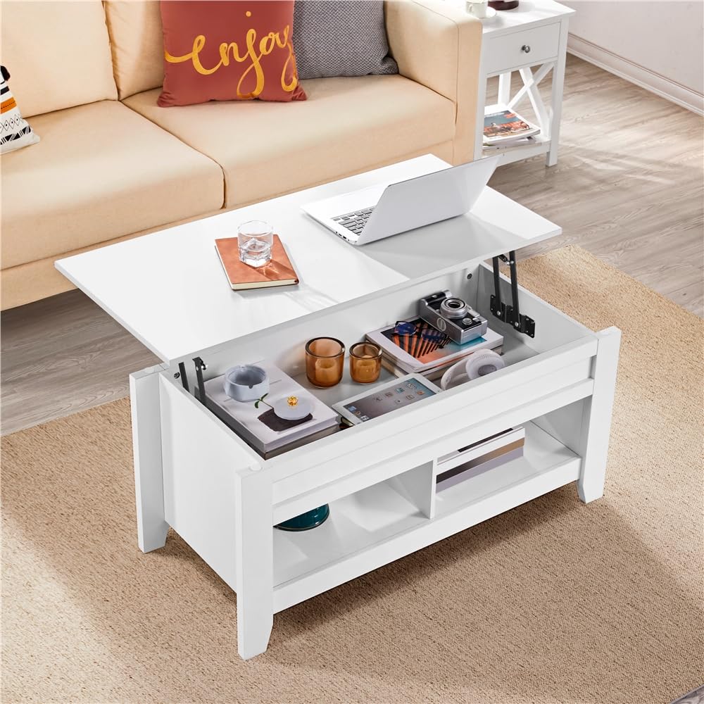 Yaheetech Mesa Centro Elevable de Madera Mesa de Café para Salón con Revistero Mueble de Diseño Moderno 104.5 x 49.5 x (49-61.5) cm Blanco