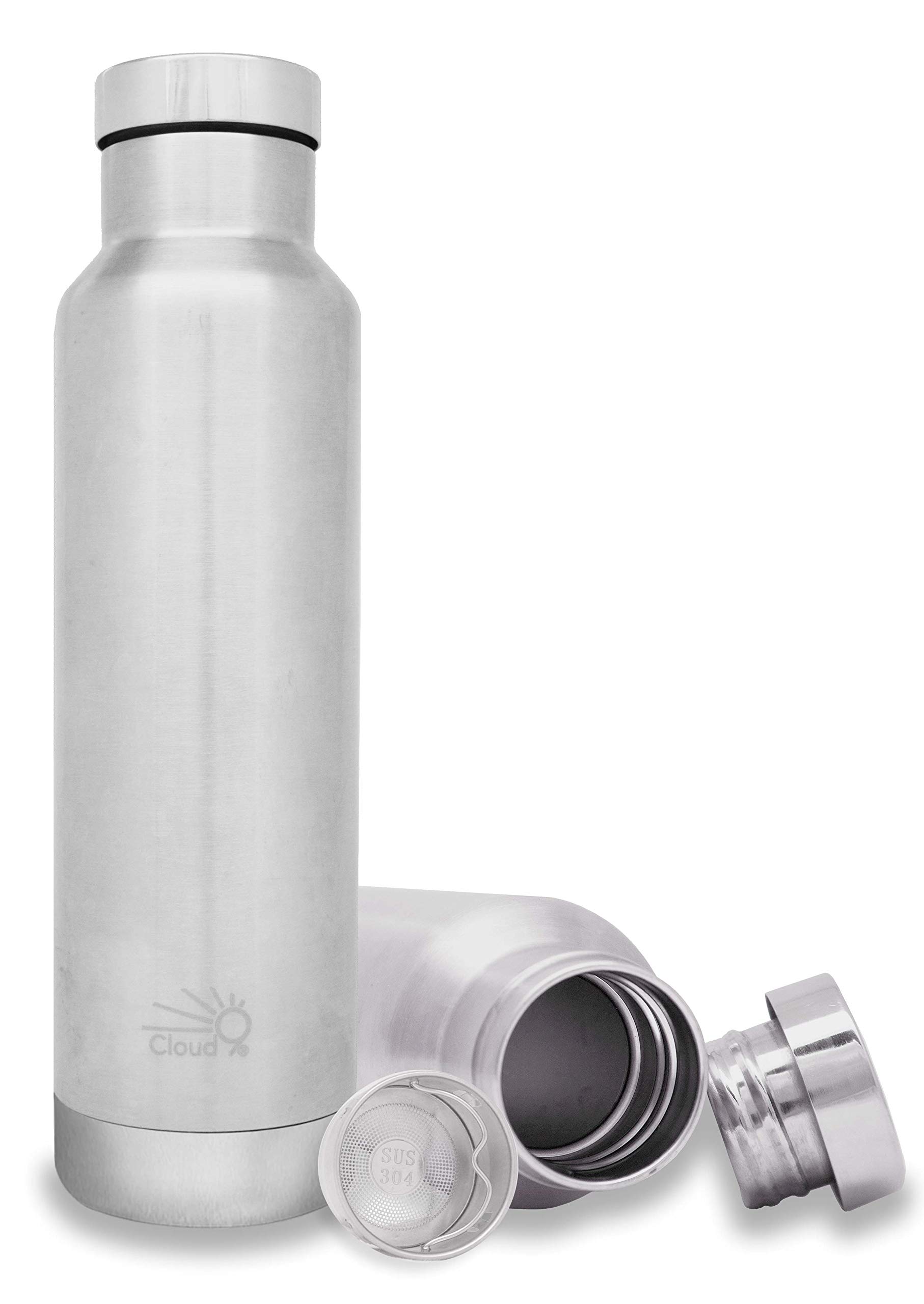 Cloud9 - Botella de acero inoxidable térmico de doble pared con filtro para té/frutas, sin plástico, 17 oz, 17oz Silver