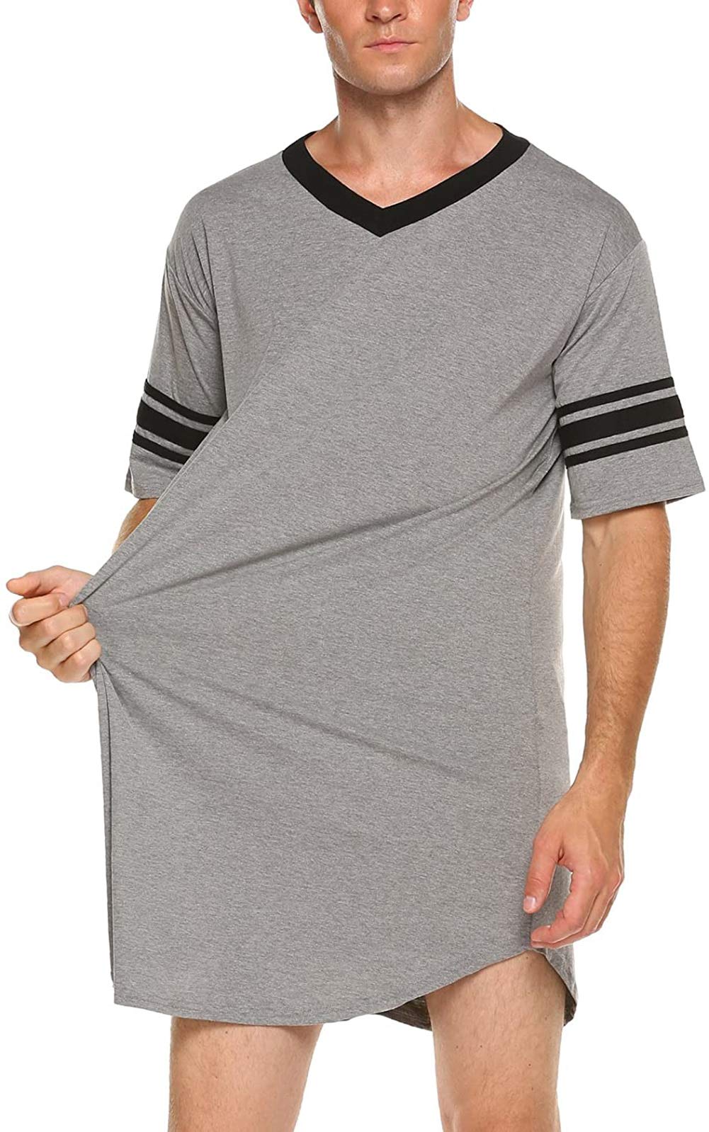 Mens Nightshirt Pajama Top Nightwear Cotton Soft Nightgown Short Sleeve Sleepwear for Home (Grey2, S)