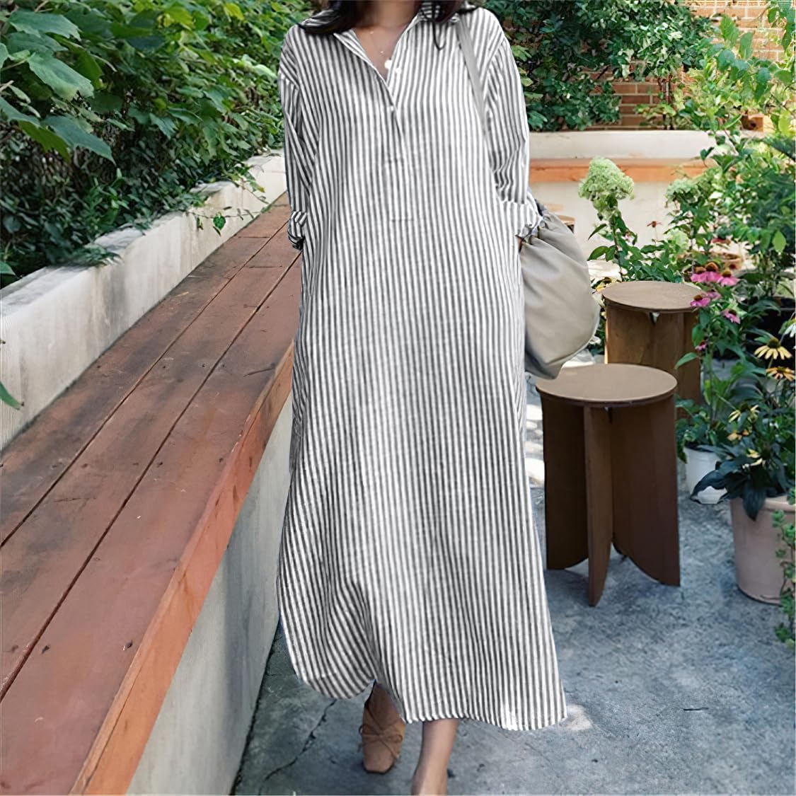 chouyatou Women Casual Long Sleeve V Neck Striped Shift Dress Loose Long Maxi Cotton Shirt Dress with Pocket - Image 2