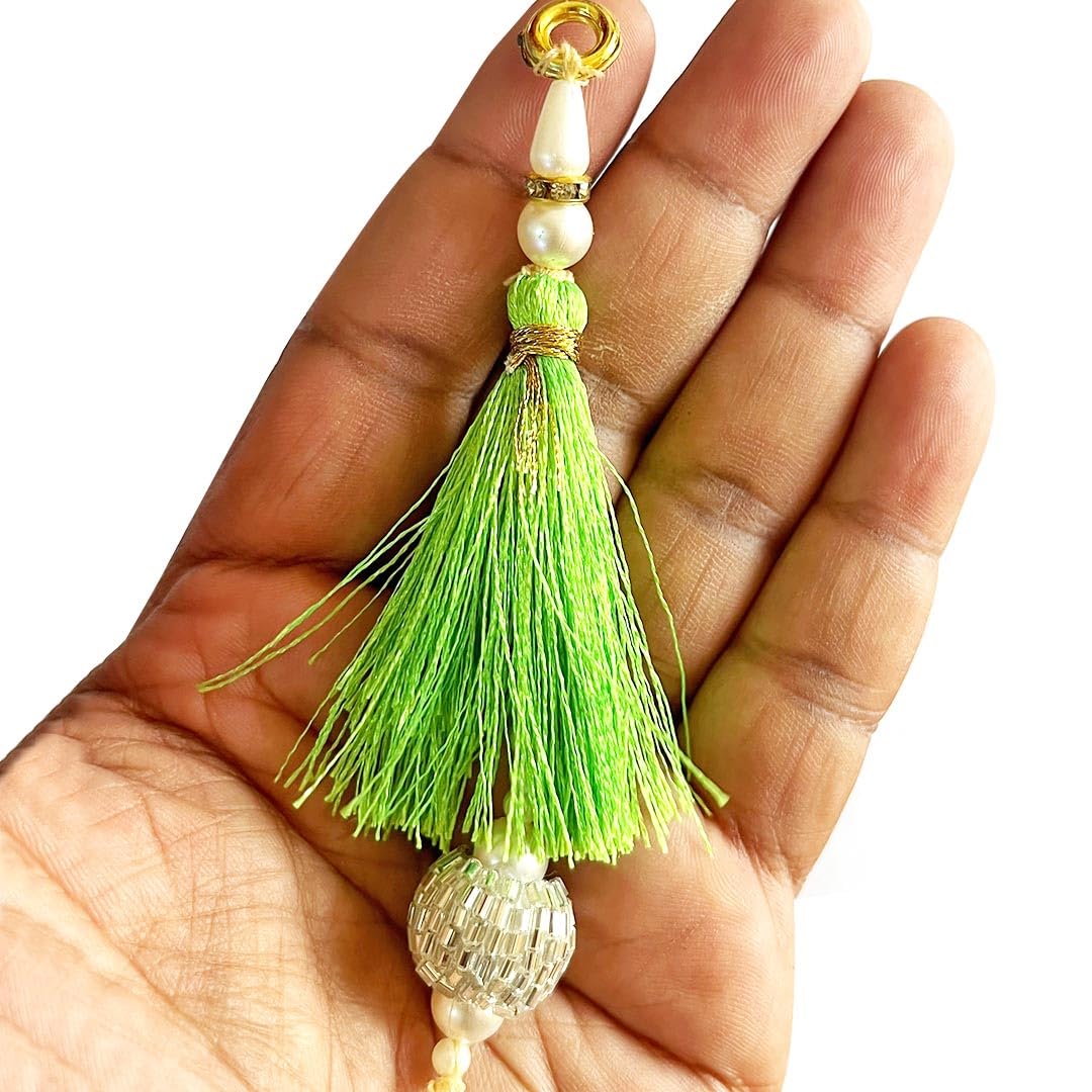 Craft Shop India Silk & Cutdana Beads Hanging Tassels for Saree Pallu, Suitable for Ethenic Wear, DIY Art & Craft & Decoration Set of 10 | 10CM (Parrot Green)