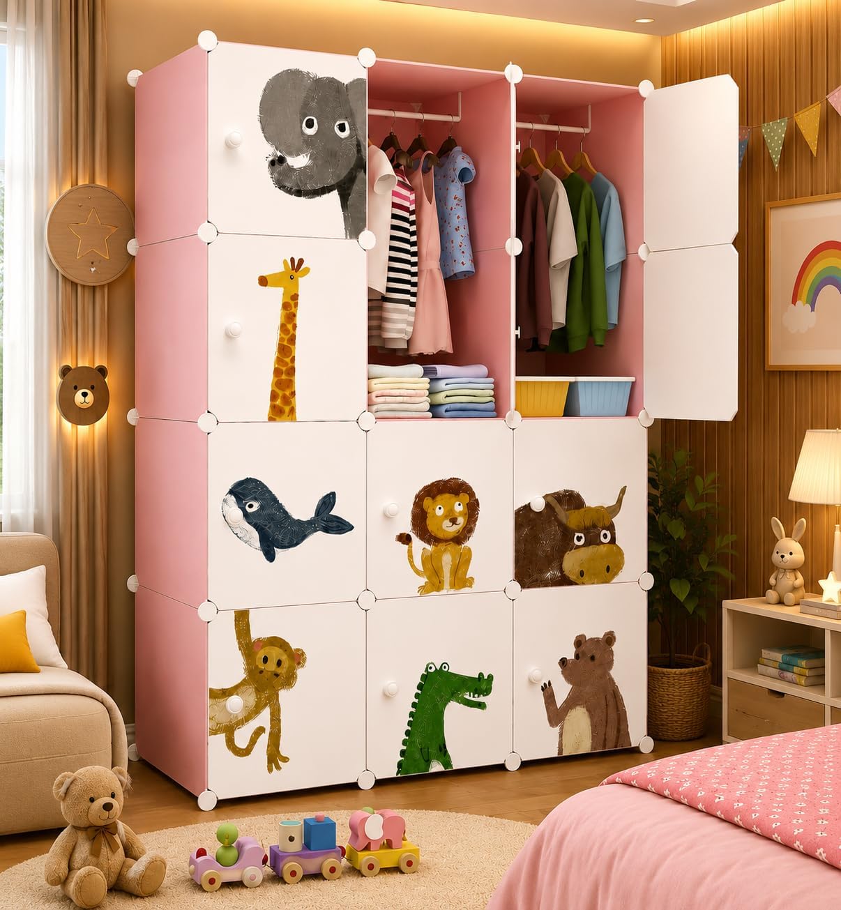 Ticoh 12 Door Plastic Wardrobe for Kids - Cupboard for Clothes Storage Rack, Almirah for Clothes, Baby Collapsible Wardrobe, Multi-Purpose Kids Storage Organizer for Books,Toy (Pink-KTM2, 12-Door)