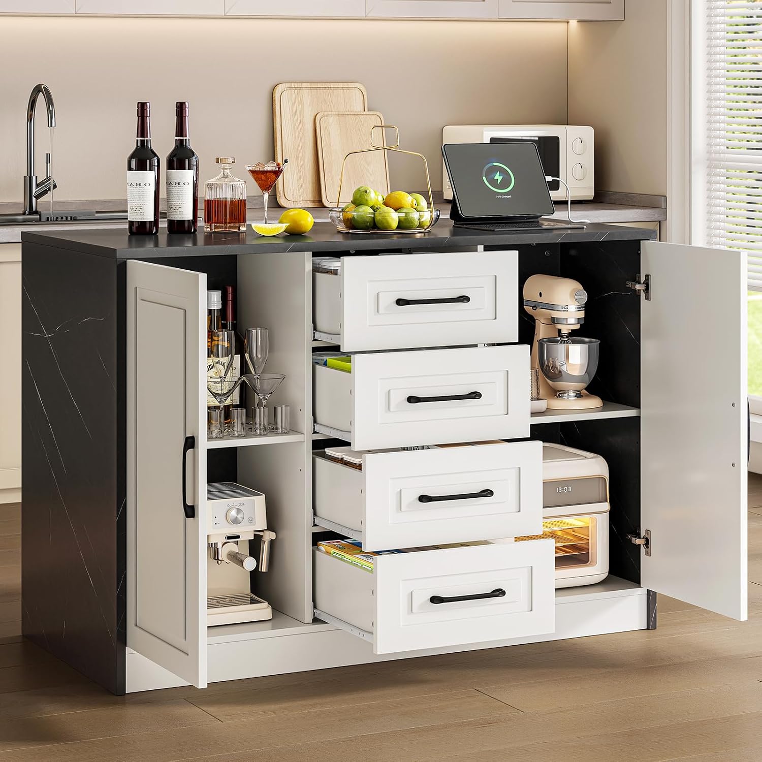 ONBRILL 47.3" Kitchen Island with 2 Storage Cabinets & 4 Drawers, Modern Imitation Marble Dining Table with Power Outlet, Island Bar Table for Kitchen, Dining Room, Living Room, Black