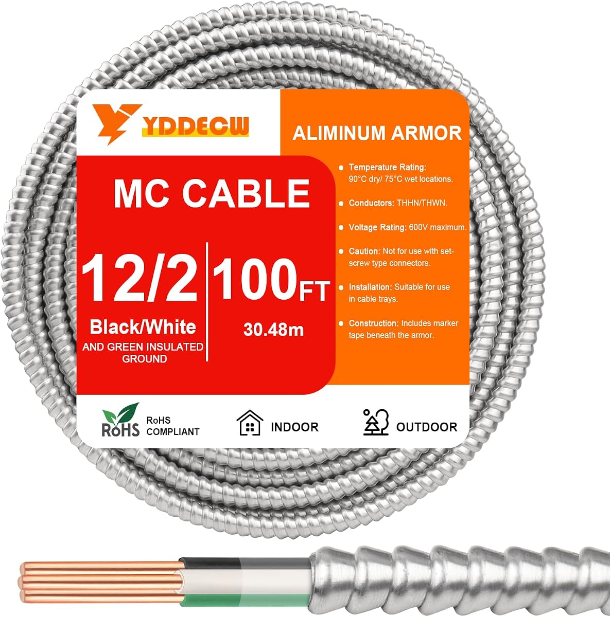 100FT 12/2 Metal Clad (MC) Cable with Ground, 12 Gauge Electric Wire with Aluminum Armor, Solid Bare Copper Conductors for Indoor Outdoor Underground Embedded Installation (12/2, 100 ft)