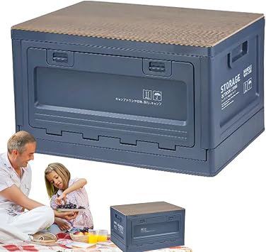 Outdoor Camping Folding Box - Heavy Duty Storage Crate, Stackable Organizer | 50L Storage Container with Wooden Cutting Board for Travel Van Life Car Trunk Tent Kitchen Camping Food Utility Tote