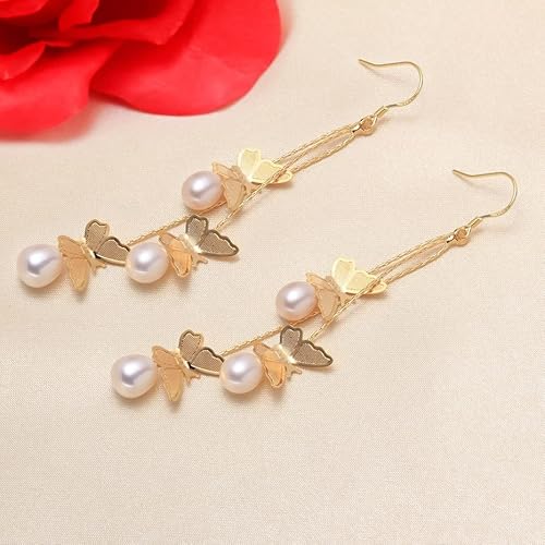 Sonateomber Gold Butterfly Freshwater Pearl Drop Dangle Earrings For Women - Elegant Natural Small Waterdrop Pearls Dangling - Dainty Long Gold Chain Tassel Handmade Brides Prom Wedding Jewelry Gift #TOP4