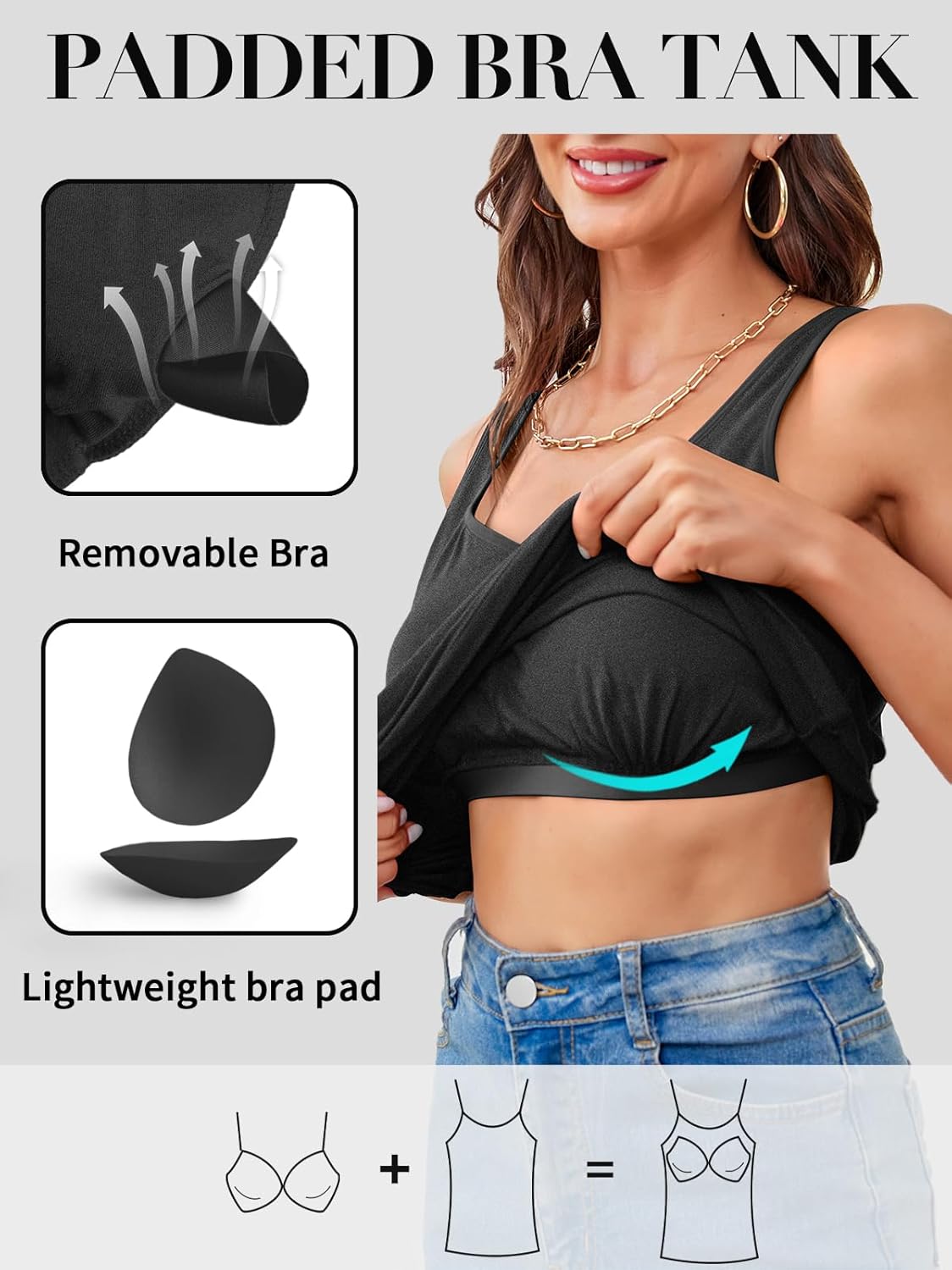 V FOR CITY Women Tank Top with Built-in Padded Bra Adjustable Wide Strap V-Neck Camisole Cotton Cami Shirts - Image 4