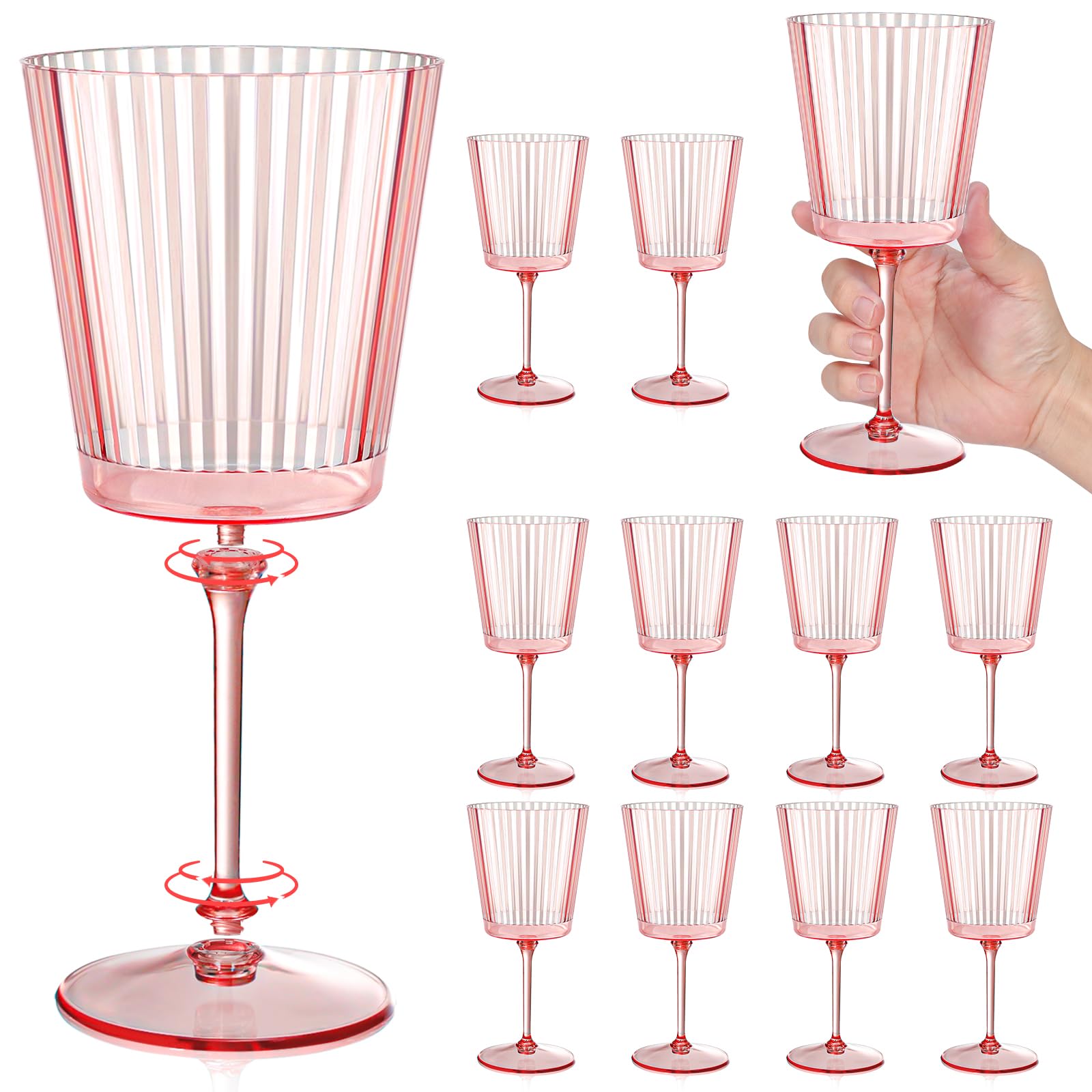 12 PCS Pink Plastic Wine Glasses with Removable Stems 13.5 Oz Pink Ribbed Wine Glasses Square White Wine Glass Muted Pastel Colors Goblets Elegant Fluted Glassware for Wedding Anniversary Birthday