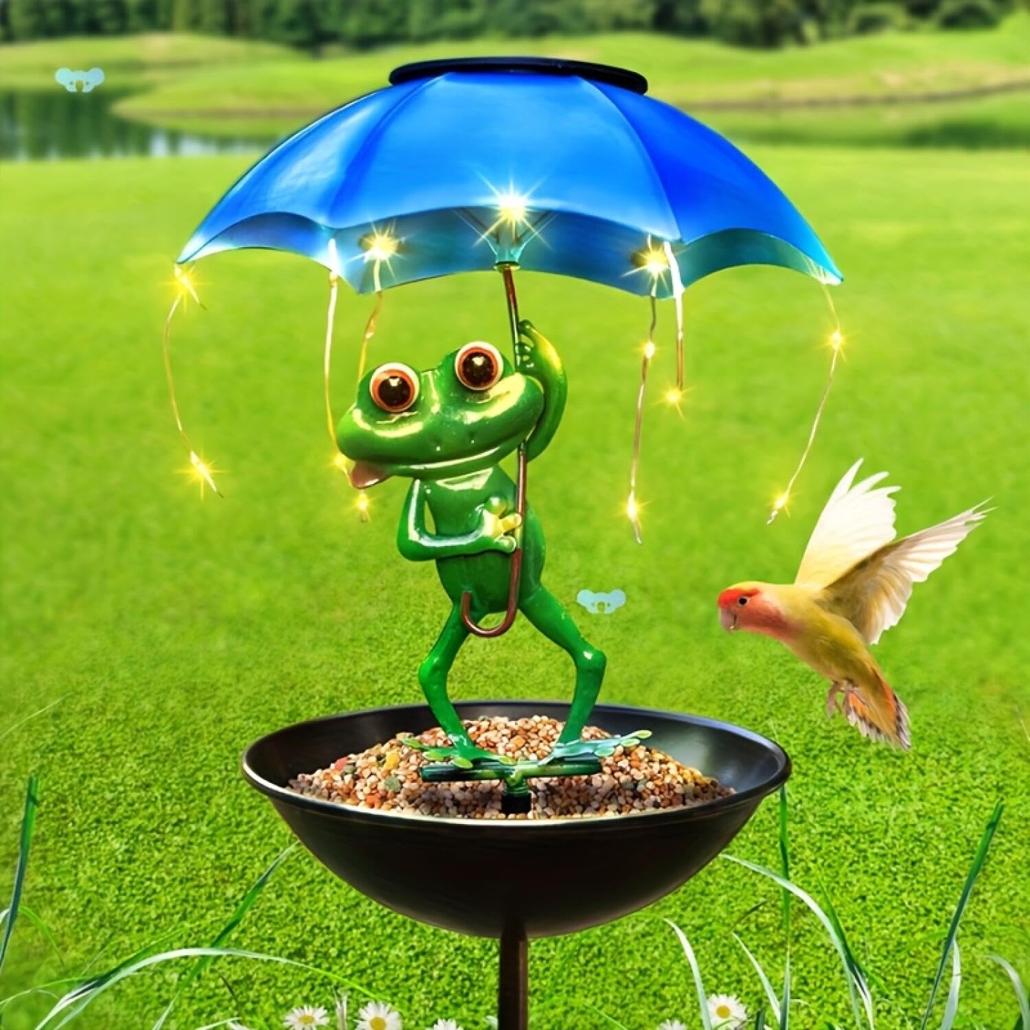 Solar Bird Feeder Frog Garden Ornaments, Outdoor Solar Lights Frog Figurine with Umbrella, Wild Bird Feeders Hummingbird Feeder Decorative Path Lights Garden Gifts for Women, Yard Art Decor
