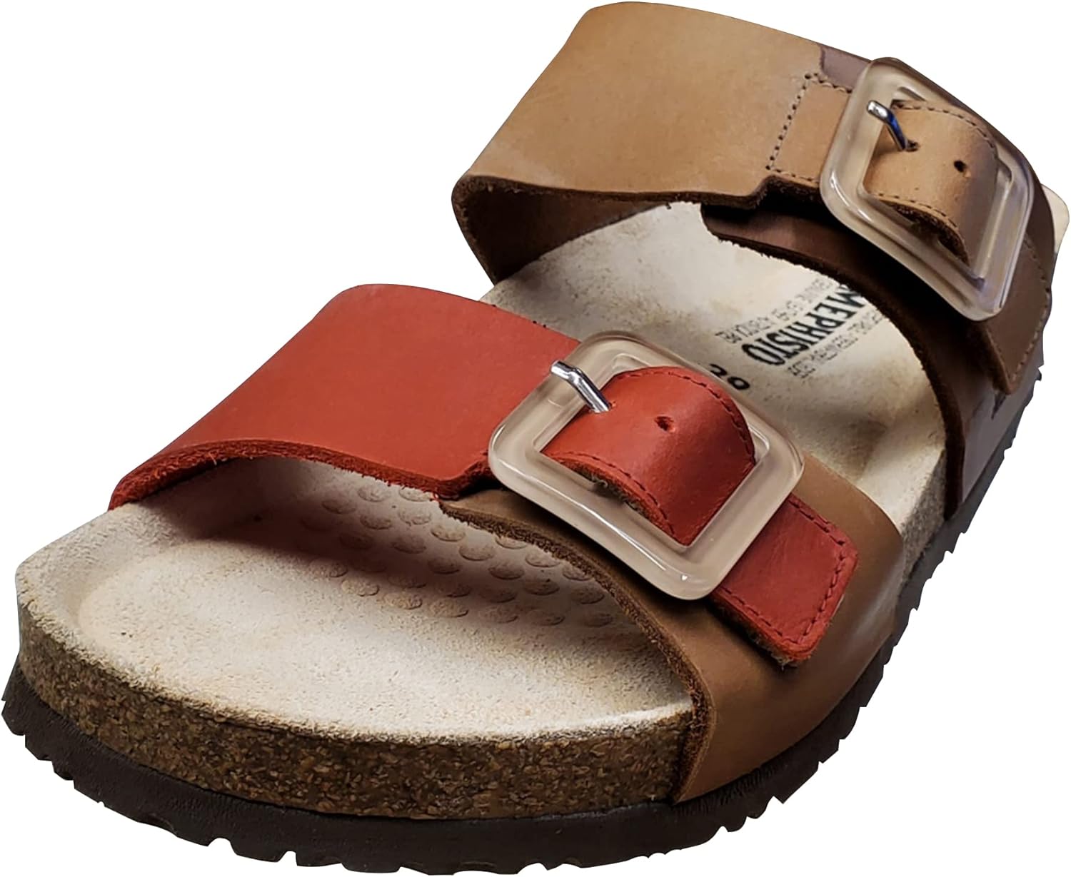 Front view of a single Mephisto Madison Sandal, showing the leather straps and cork footbed