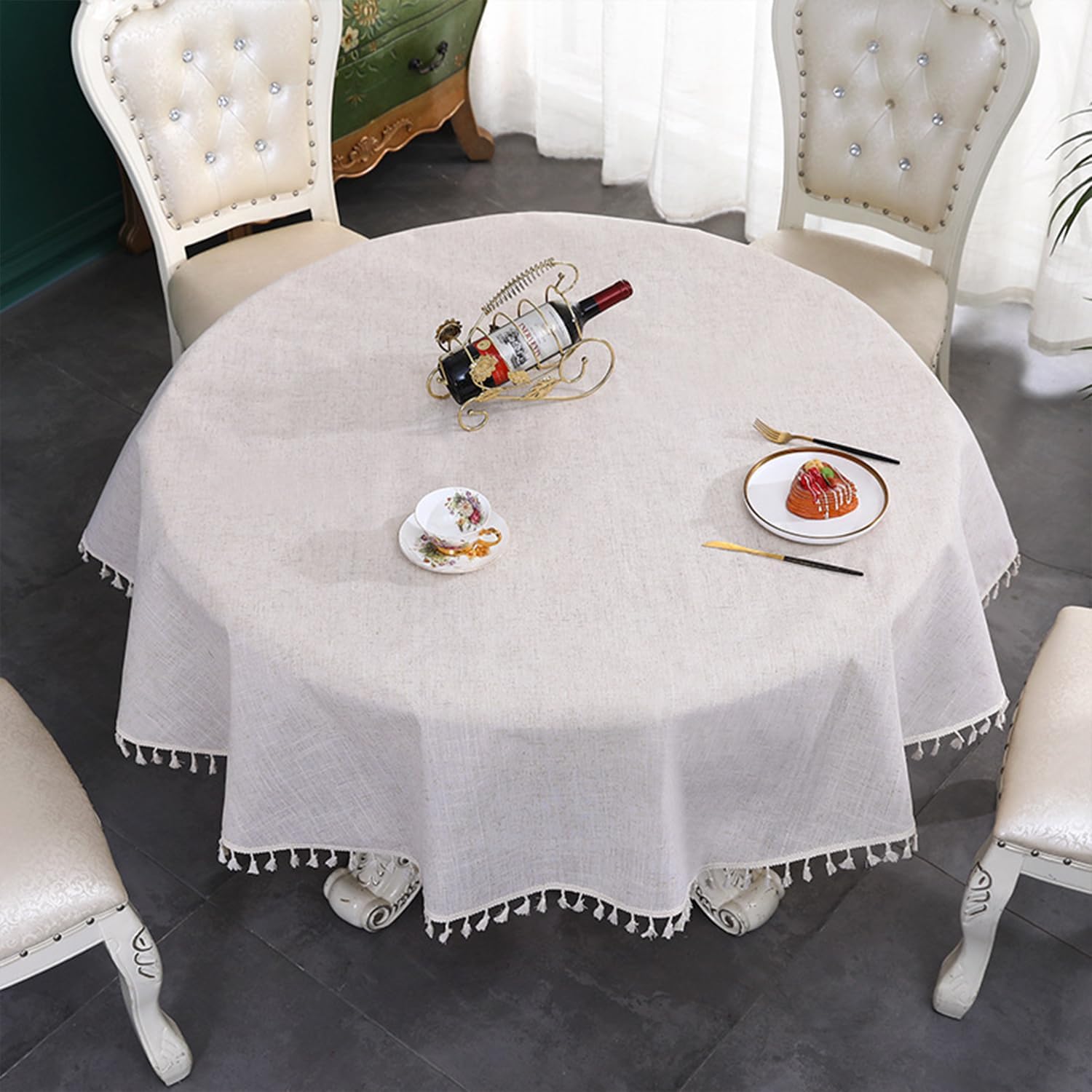 Small Round Tablecloth Natural Tablecloth with Tassels Linen Side Table Cloth Farmhouse Table Cover Machine Washable Fabric Covers for Living Room Baby Shower Kitchen Party Wedding Home Decor, 71"