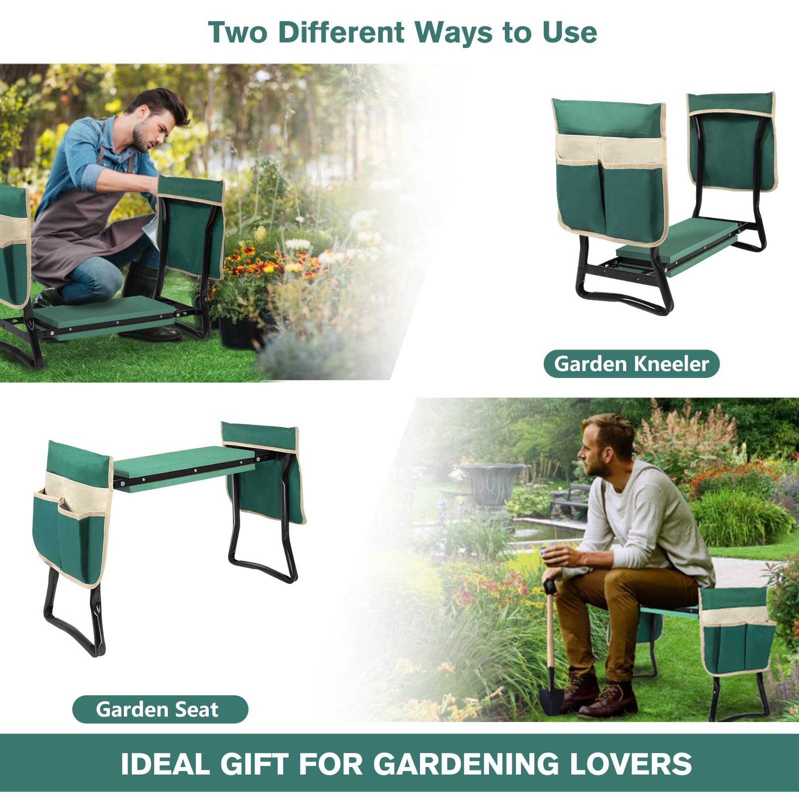 Uten Taburete de Jardín EVA Espuma Almohadilla Proteger Rodillas Plegable Asiento de Jardín con 2 Bolsas de Herramientas Jardinería Herramientas