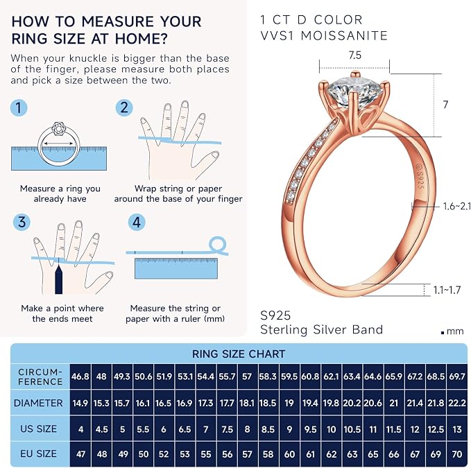 MomentWish Engagement Rings for Women 1 Carat Moissanite Diamond Ring