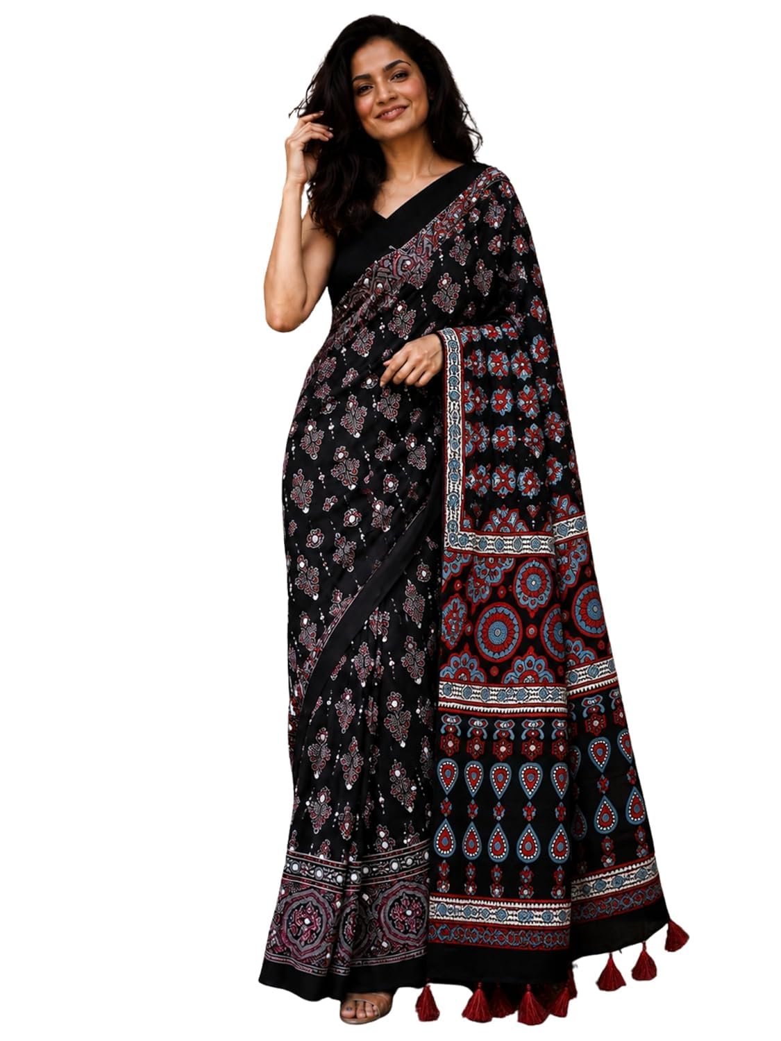 Women's Ajrakh Modal Silk Saree Mirror Work Rich Gajji Silk Pallu Tassels-image-17