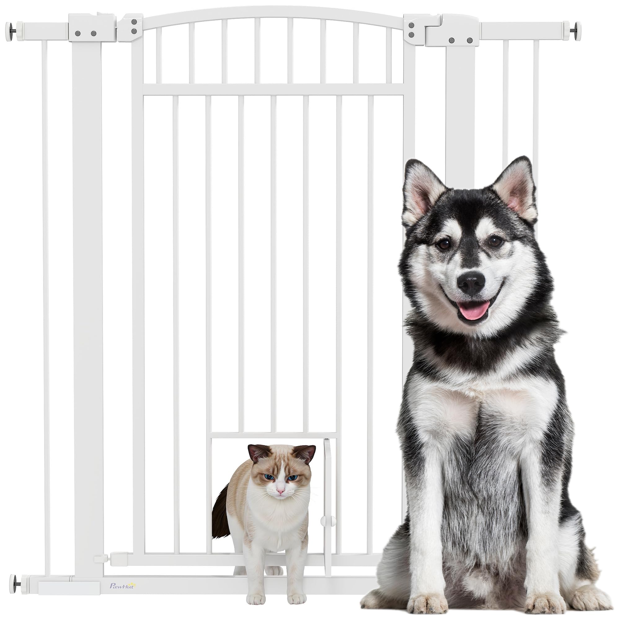 PawHut Barrière de sécurite Chien Extensible 76-104 x 106 cm, barrière d'escalier et de Portes avec système de Double Verrouillage, Montage par Pression ou perçage, barrière de Chien et Chat, Blanc