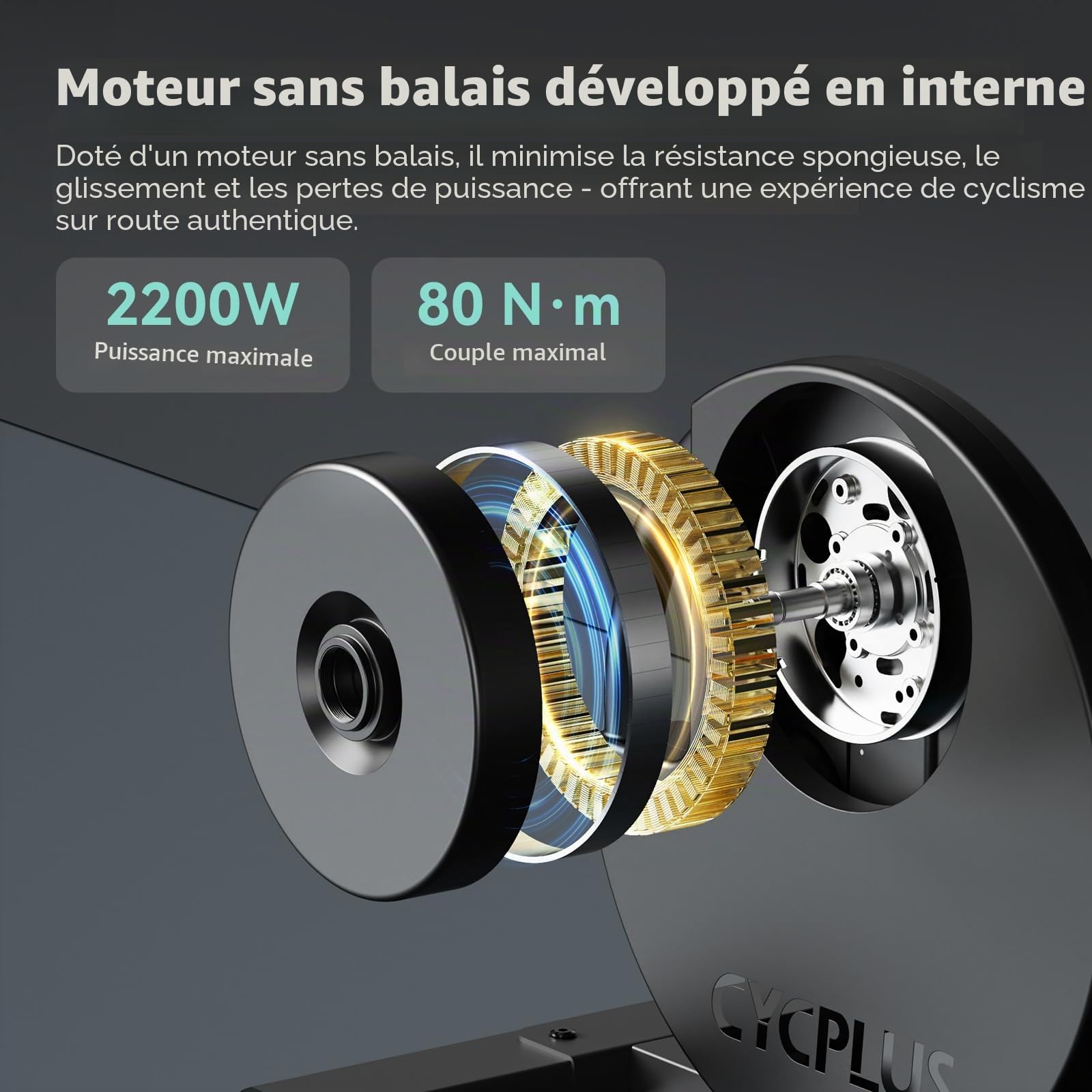 CYCPLUS R200 Entraîneur de vélo d'intérieur intelligent, moteur sans balais de 2200 W, simulateur de pente à 19 %, double mode BLE & ANT+, changement de vitesse virtuel, simulation montée/descente