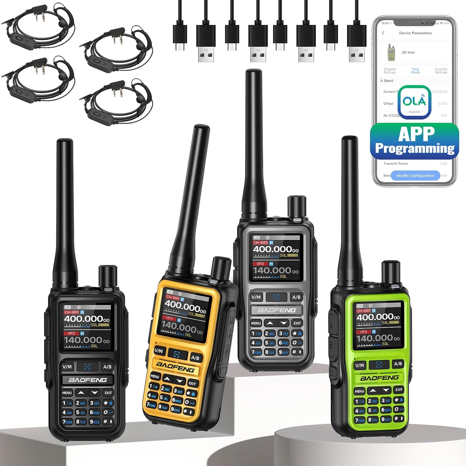 Baofeng Radio UV-5R Mini Ham Radio Long Range Handheld Two Way Radio Dual PTT NOAA Weather Radio Rechargeable Walkie Talkies APP Programming Copy Frequency 999CH USB-C Charging (4 Pack)