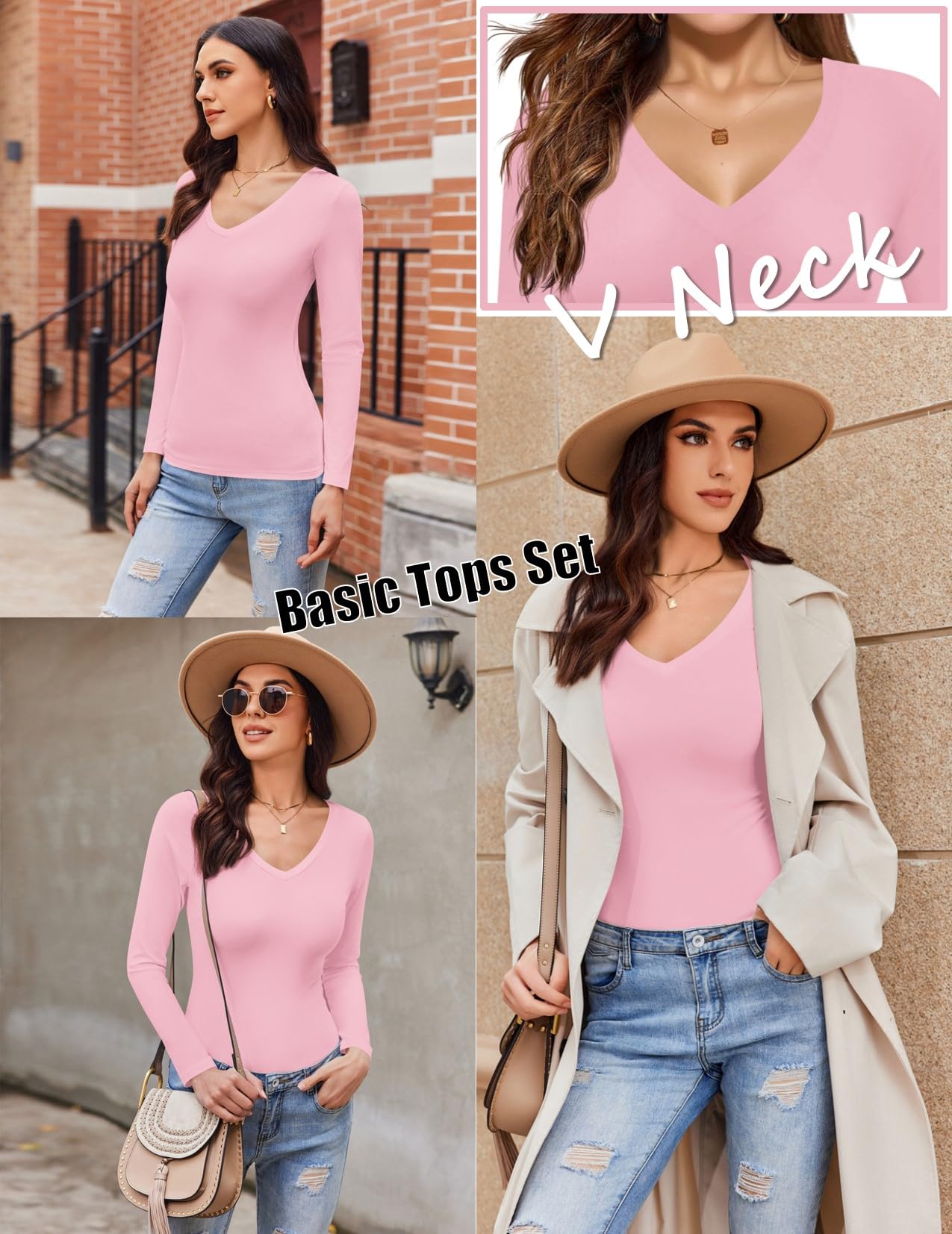Ekouaer Hauts à Manches Longues et Col en V pour Femme | sexy, fin, léger, coupe ajustée, extensible, haut ou sous-vêtement thermique pour les saisons froides