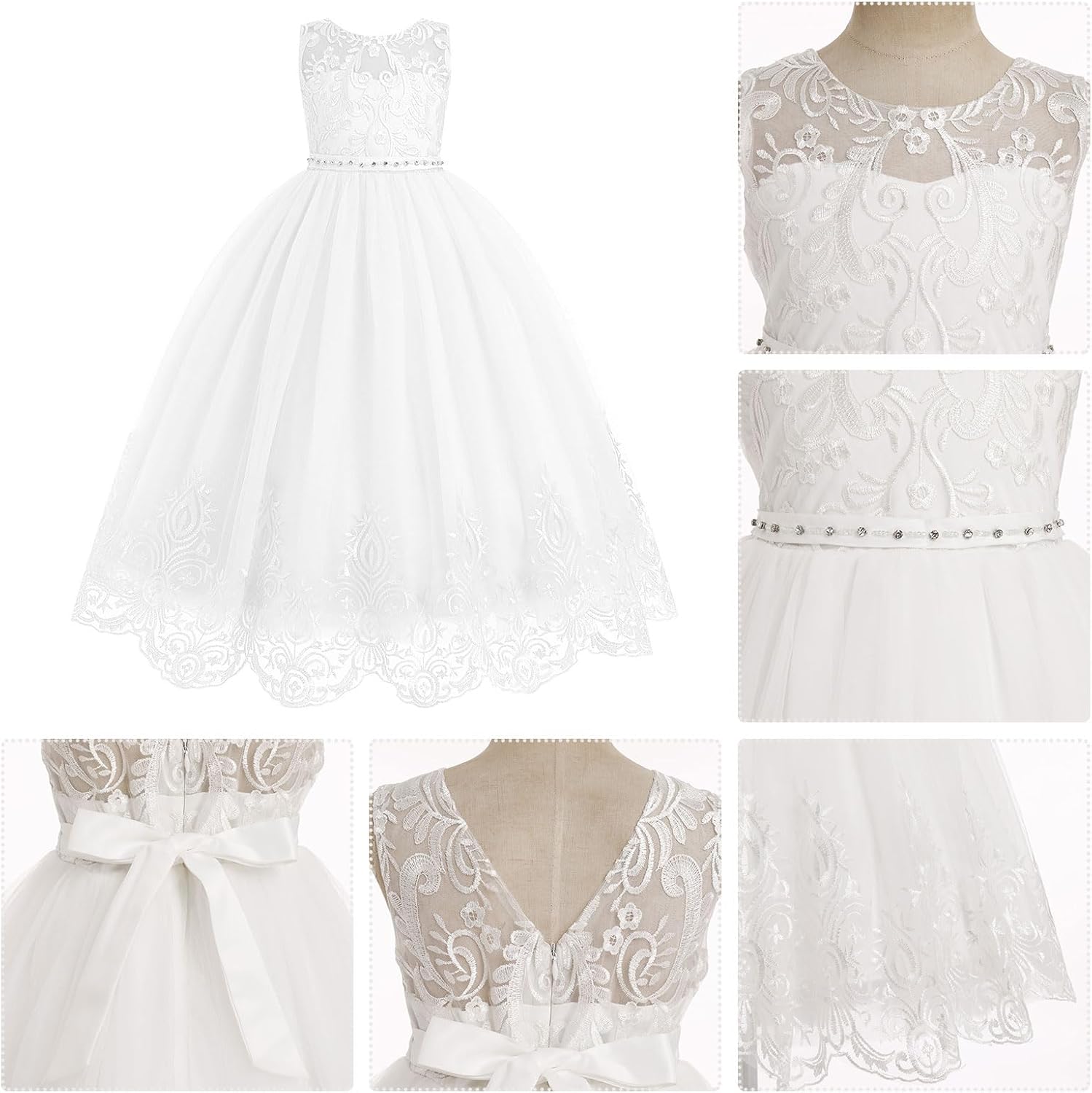 IDOPIP Flower Girl Dresses for Wedding Lace Tulle Princess Pageant Dresses for Girls Kids Prom First Communion Birthday Gowns