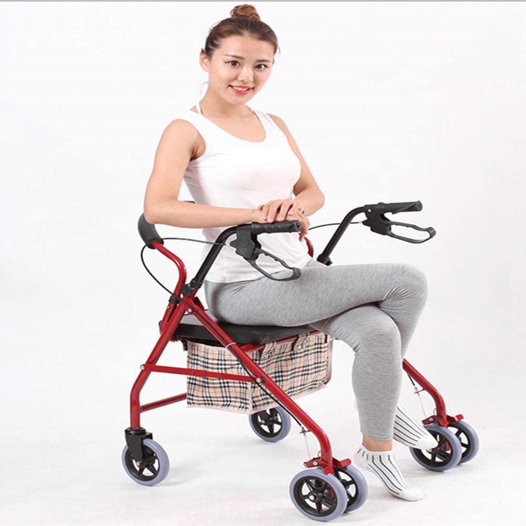 Telaio con Sedile Imbottito Freni bloccabili Maniglie ergonomiche e Borsa per Il Trasporto Aiuto per la Mobilità Leggero Altezza Regolabile per Anziani (Rosso)