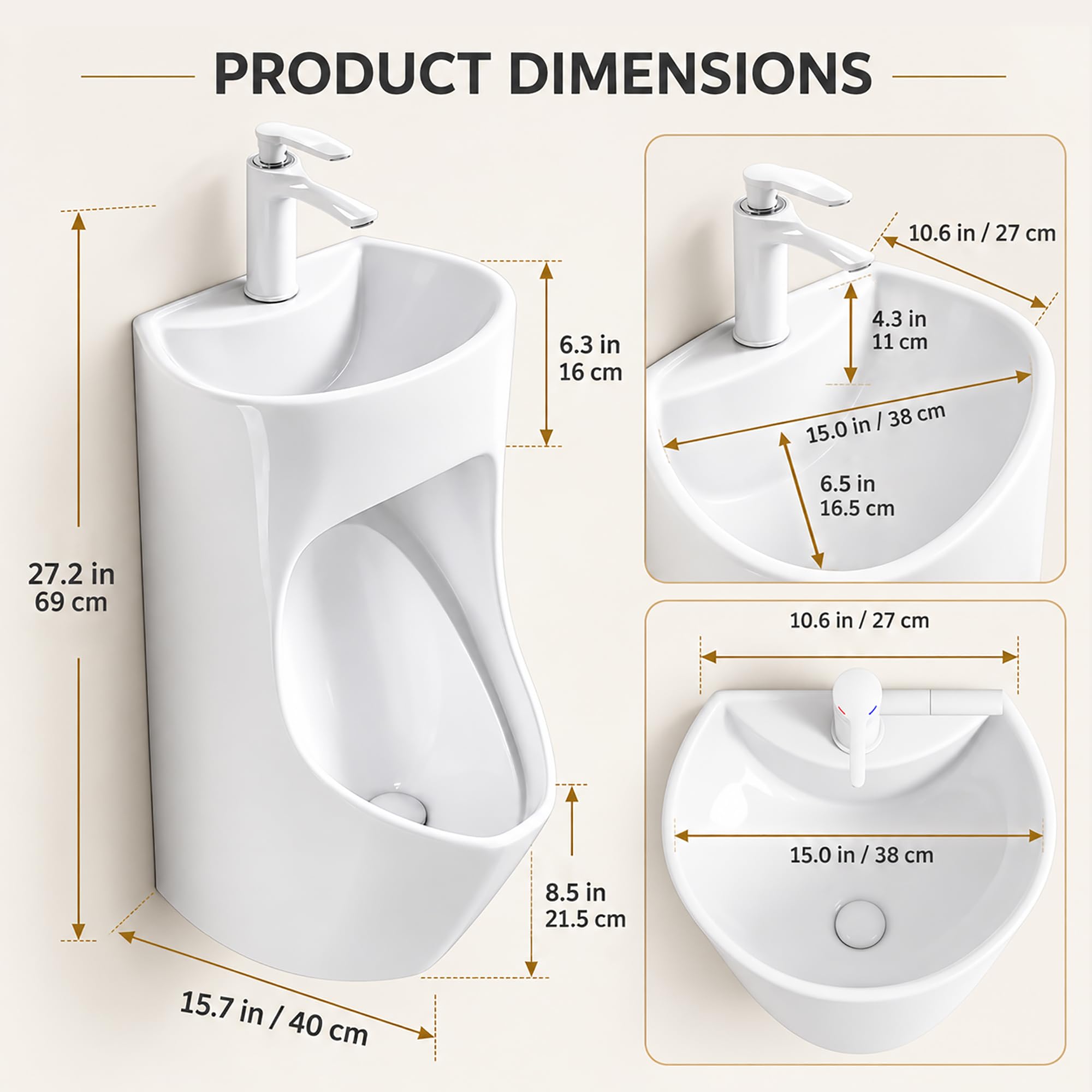 Orinatoio in Ceramica con Lavabo per Uomo, Modello a Parete 2 in 1