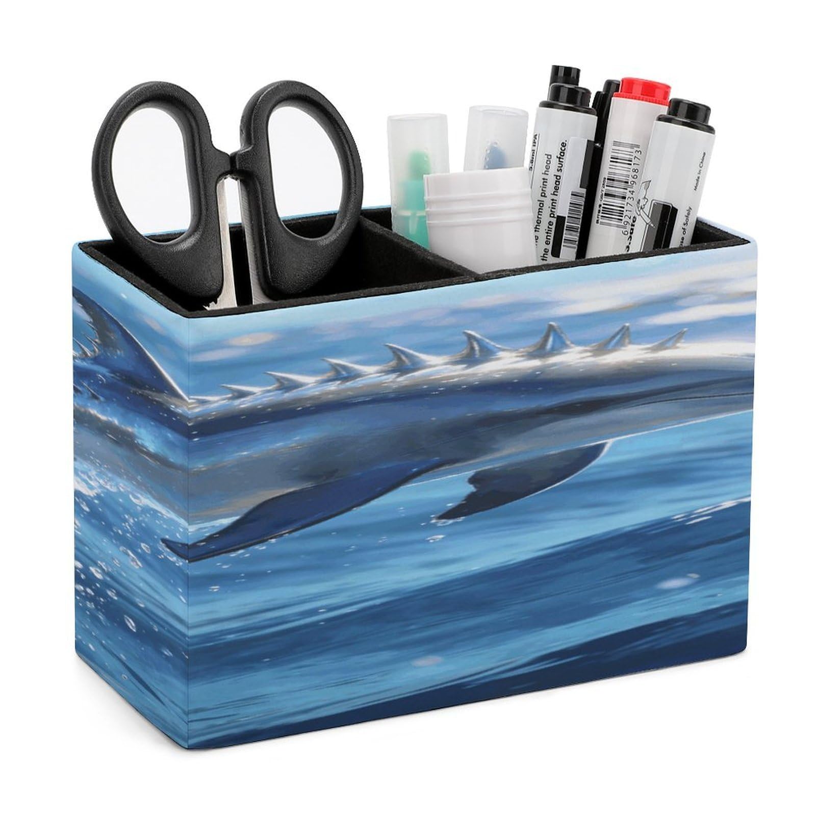 LZQPOEAS Marine Art Spiny Dolphin Pen Holder Double Compartments Pen Cup Makeup Brush Holders Leather Pencil Holder Locker Organizer for Work Locker Accessories Modern Pencil Cup for Desk