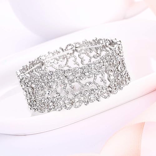 Miniatura 4 de EVER FAITH Pulsera elástica de cristal austríaco con corazón Art Deco para mujer, transparente