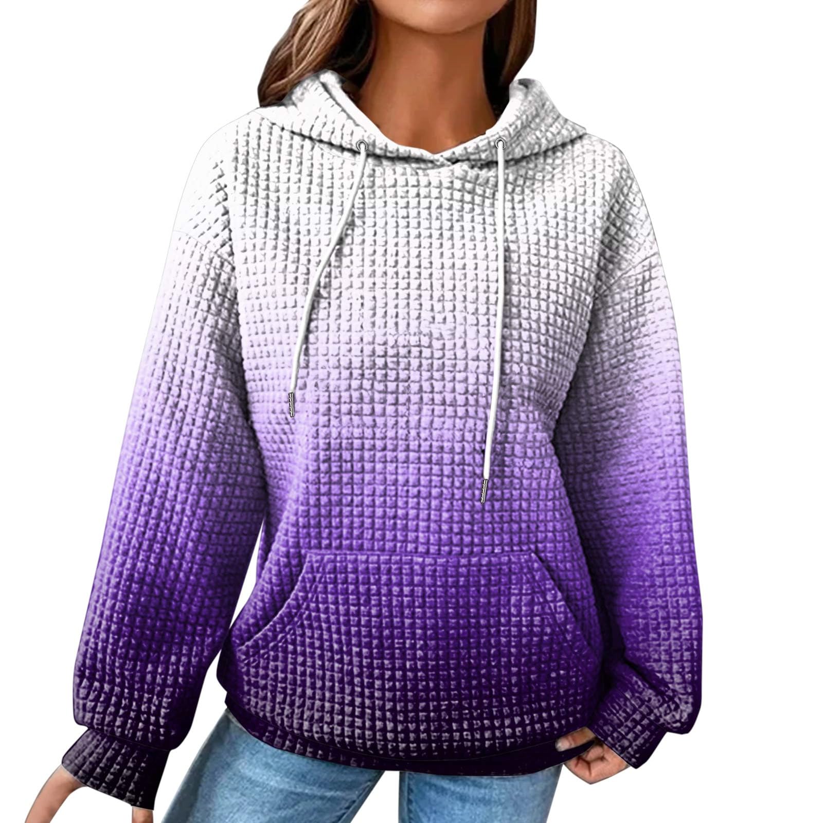 Women Waffle Hoodies Knit Cute Pullover Tops Drawstring Loose Hooded Sweatshirt Fall Clothes with Pocket