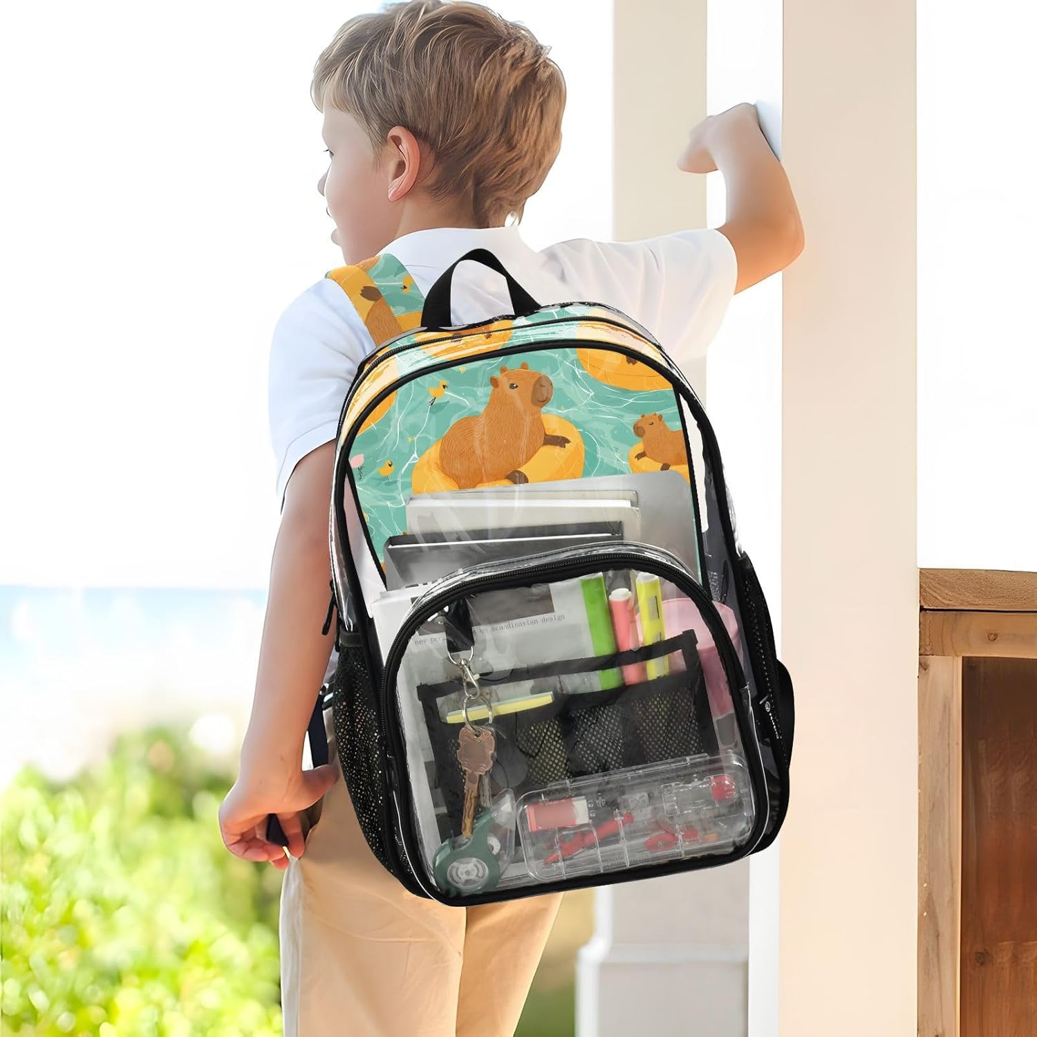 Swimming Capybara Blue Clear Backpack Heavy Duty See Through Transparent PVC BookBag for Kids Boy Girl Adult School Work