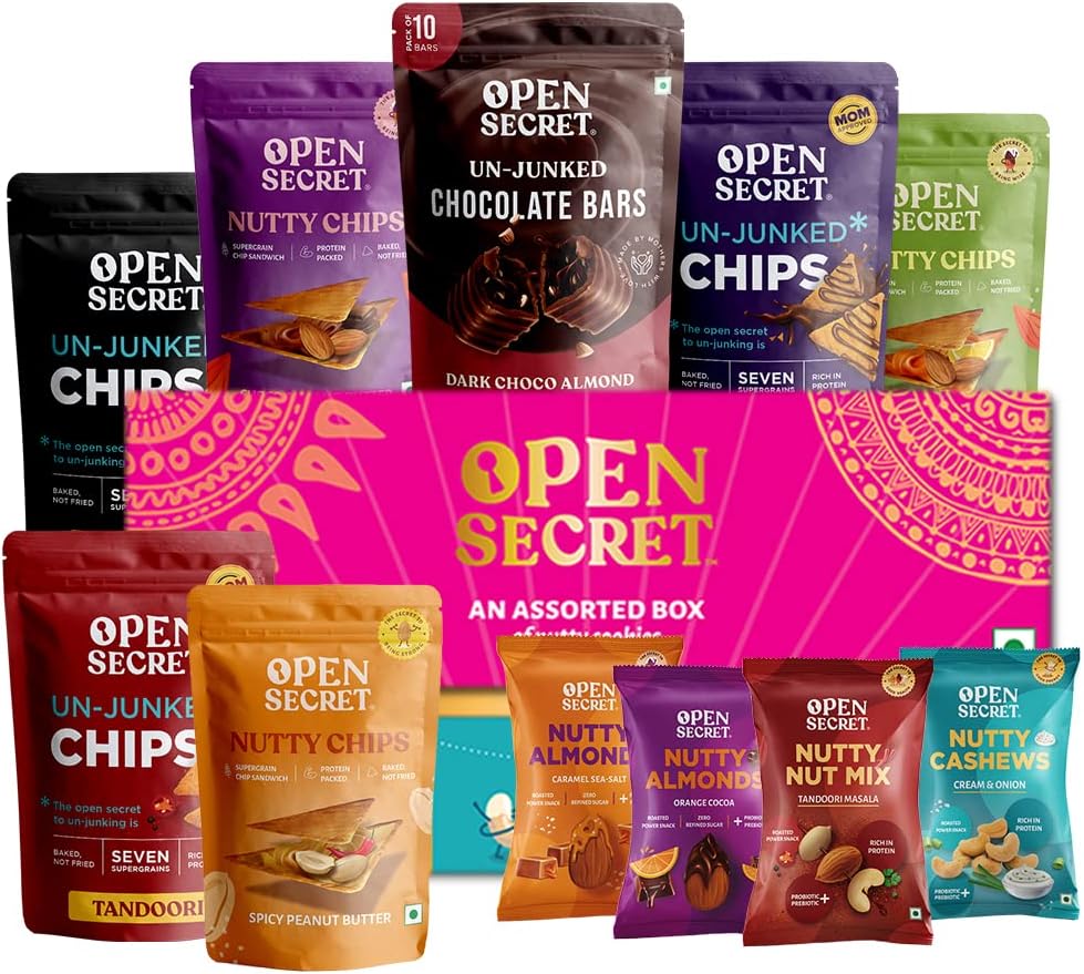 Open Secret Bestselling Snacks Box | Assorted Cookies, Unjunked Chips, Nuts, Dark Chocolate| Healthy Snacks with Diet Food| Immunity Boosting Nuts