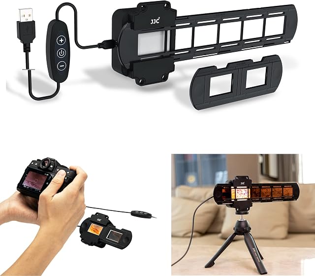 JJC Film Digitizing Adapter with LED Light Set Convert 35mm Negative Film & Slide to Digital JPEG, 10 Levels Brightness USB LED Lamp - 35mm Slide Mount Holder - 35mm Strip Film Holder