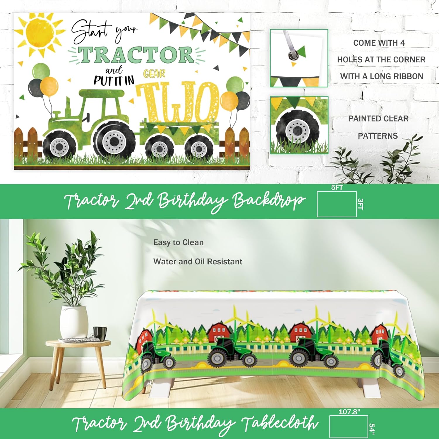 Tractor 2nd Birthday Decorations, Green Farm Tractor Second Party Decorations, Start Your Tractor and Put it in Gear Two Backdrop Balloon Tablecloth Green Yellow Brown for 2 Year Old Boy