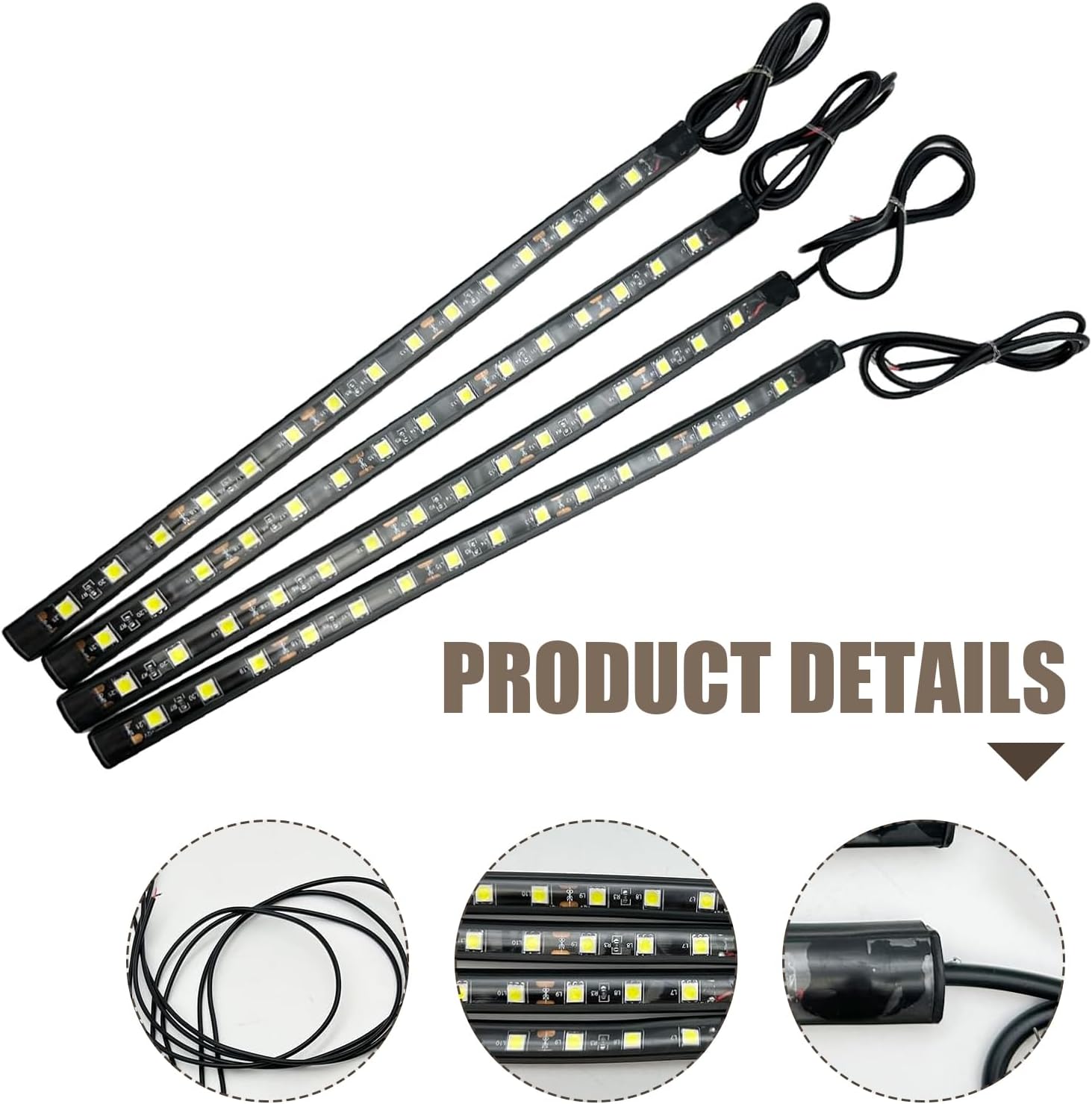 4 PCS Car LED Strip Lights, 5050-15SMD High Brightness Flexible Lamp Strips, IP67 Waterproof 12V DC Bulb with Back-Adhesive, Universal Ambient Lighting for Cars Motorcycles Boats (White)