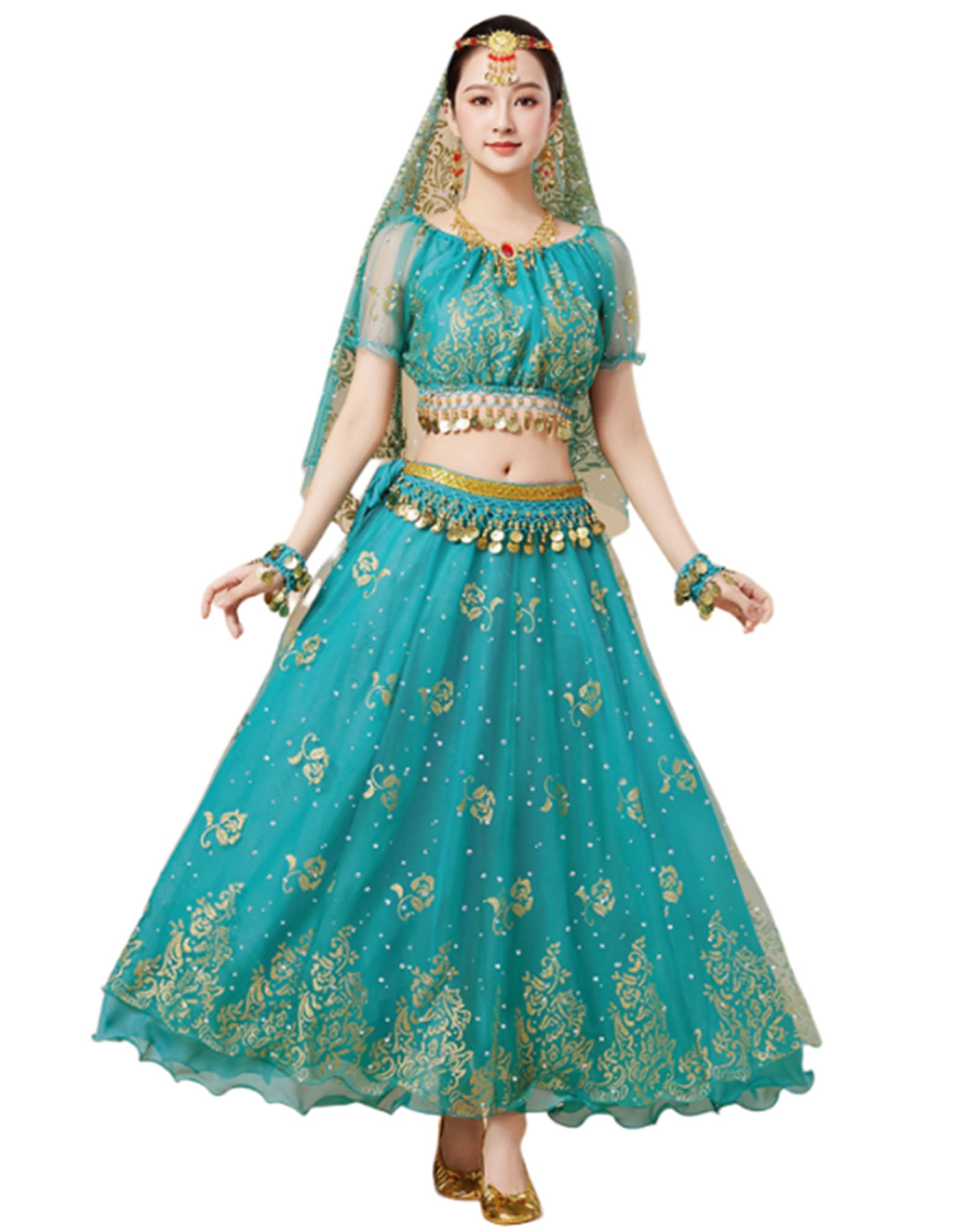 Women's Arabian Princess Costumes Belly Dance Dress Indian Dance Bollywood Jasmine Cosplay Party Fancy Outfit,Blue,XL