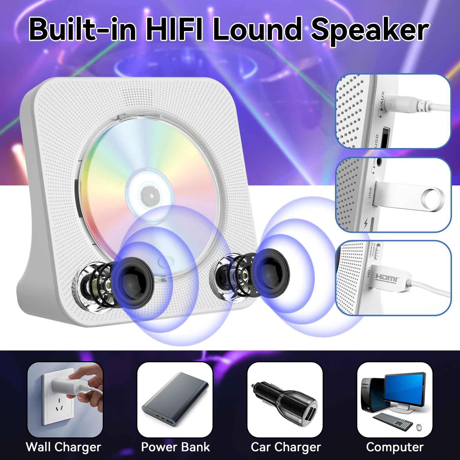 Qoosea Lettore DVD CD per TV con Bluetooth HDMI e Lettore DVD CD Desktop senza limiti di Regione con Altoparlanti Display Sveglia Radio FM Riproduzione USB Card Telecomando e Cavo HDMI(bianco)