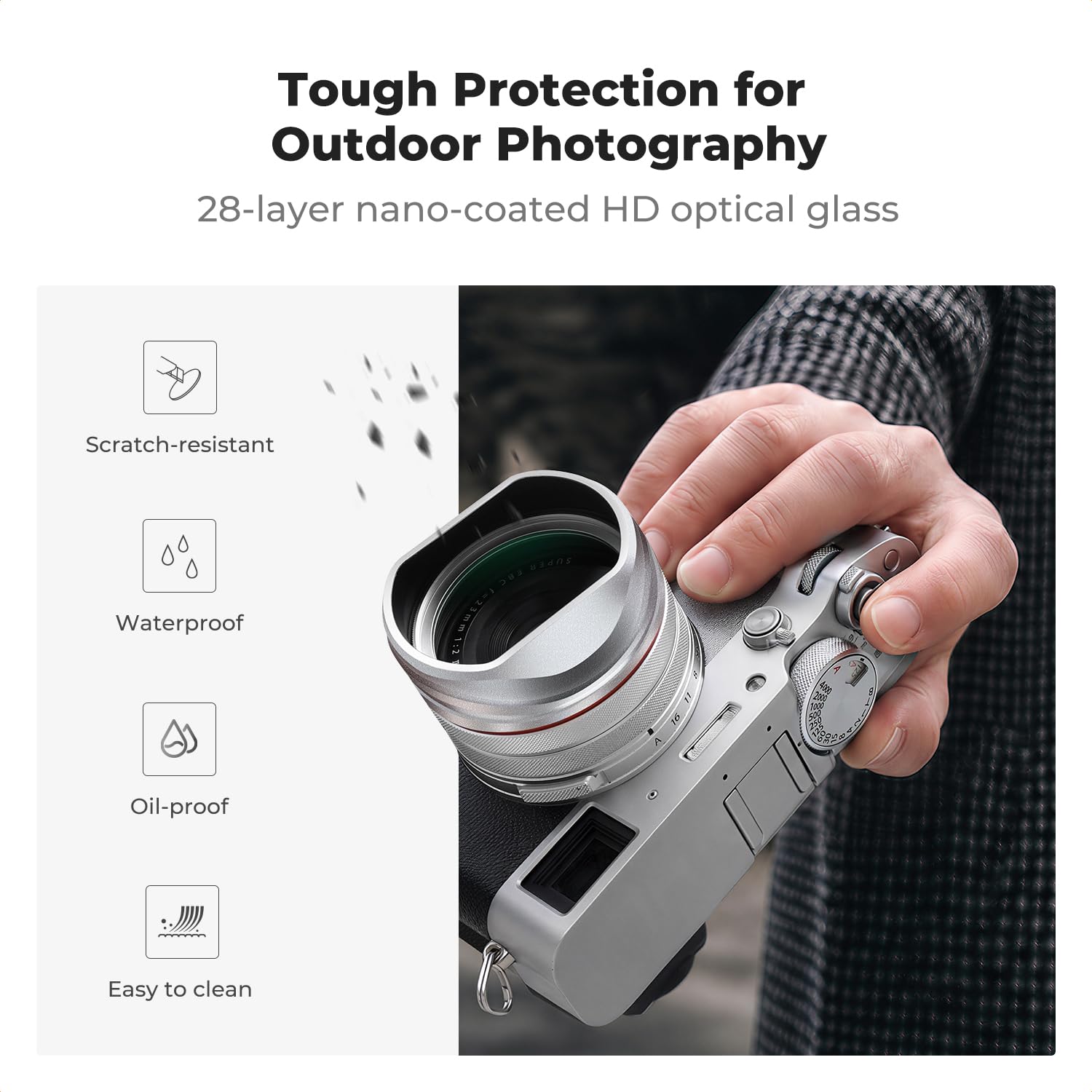 K&F CONCEPT Nano-Xcel Filtro UV + Parasol + Tapa Comaptible con FujiFlim X100 Series, Filtro de Protección UV Compatible con Fujifilm X100 X100S X100F X100T X100V X100VI(Plata)