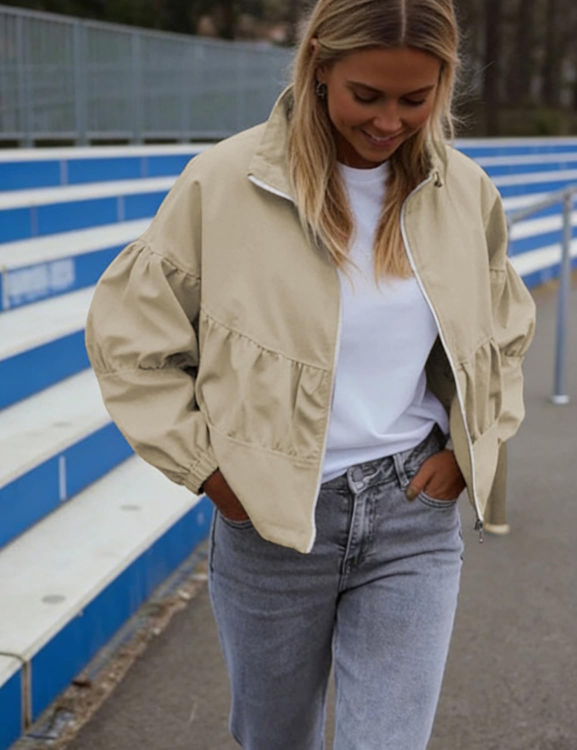 Watashi Women Cropped Bomber Jacket Casual Lightweight Spring Fall Lapel Coat Balloon Long Sleeve Streetwear Outerwear