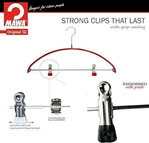 Miniatura 3 de Mawa by Reston Lloyd - Percha europea de metal antideslizante, soporte de hombro suave y clips ajustables para pantalones, juego de 5, rojo