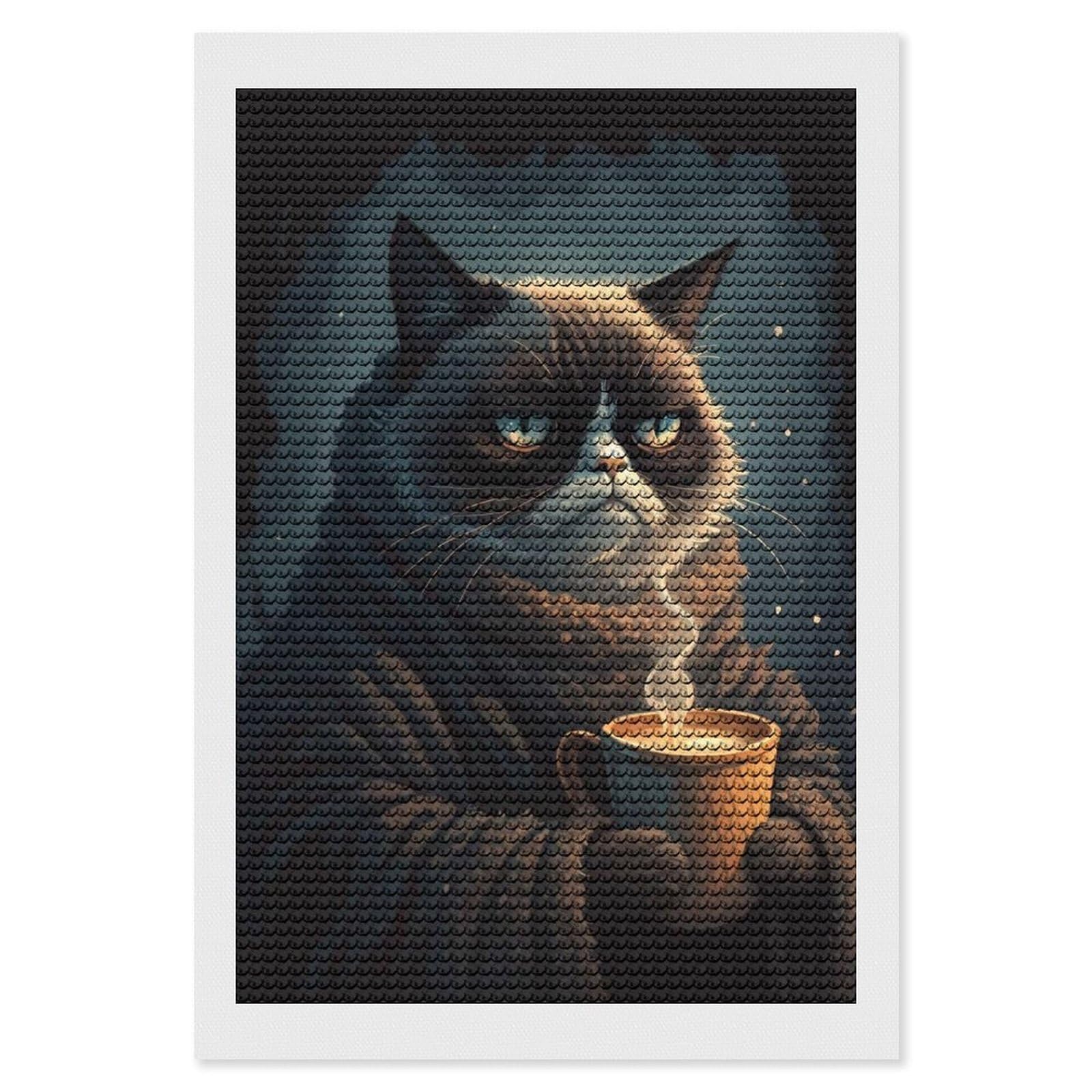 Junmoney Grumpy Cat with Coffee(2) 5D Diamond Painting Kit 8"x12", Relaxing DIY, Mindful Craft Project, Full Kit Included, Thoughtful Present