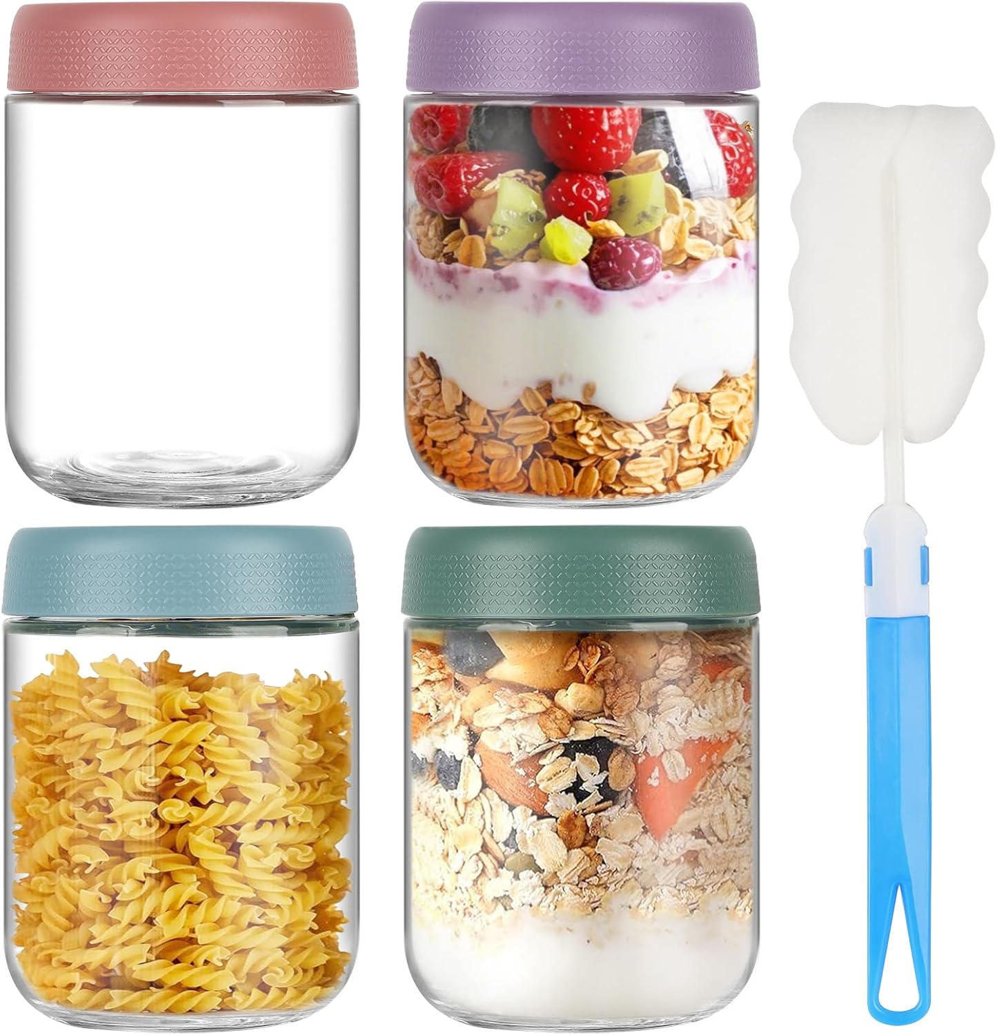 twoant Lot de 4 bocaux hermétiques en verre de 500ml avec couvercles, pour avoine, collation, pudding, yaourt, céréales, salade, préparation des repas, contrôle des portions, bols hermétiques avec twoant Lot de 4 bocaux hermétiques en verre de 500ml avec couvercles, pour avoine, collation, pudding, yaourt, céréales, salade, préparation des repas, contrôle des portions, bols hermétiques avec