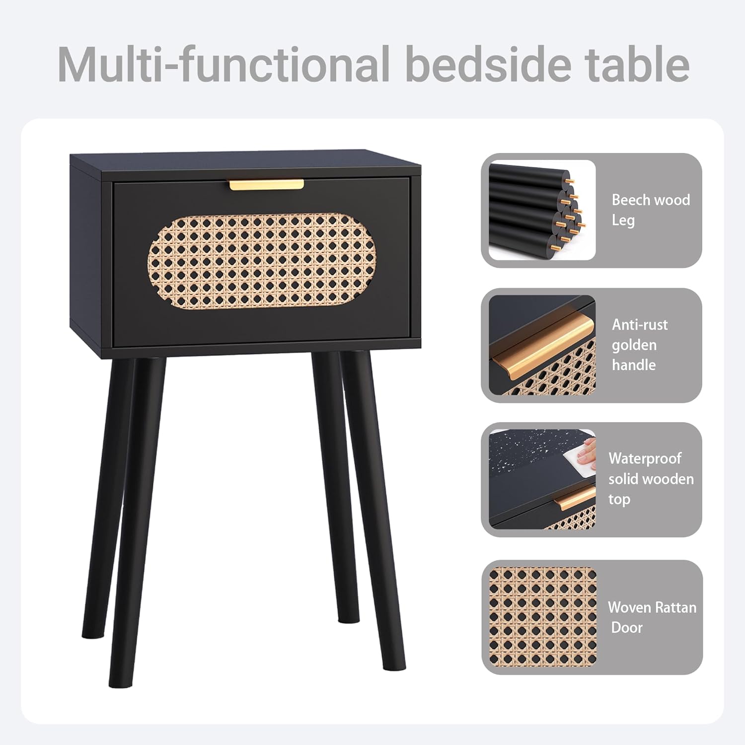 Nightstands Set of 2, Bedside Table with Rattan Door, Boho End Table with Solid Wood Legs for Bedroom, Living Room, Small Space Nightstands, Black Color, HNS001B