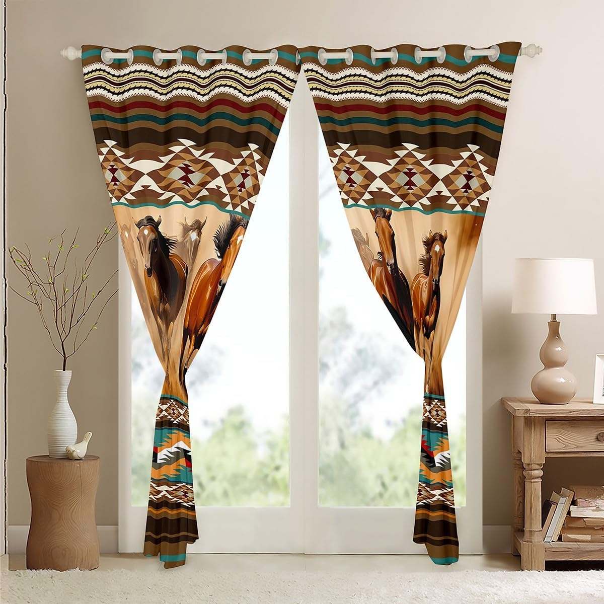 Feelyou Kids Southwestern Curtains for Bedroom Living Room (2 Panels, 52 x 90 Inch) Horse Darkening Drapes Decor Galloping Horse 30%-50% Blackout Curtains Western Tribal Window Treatments