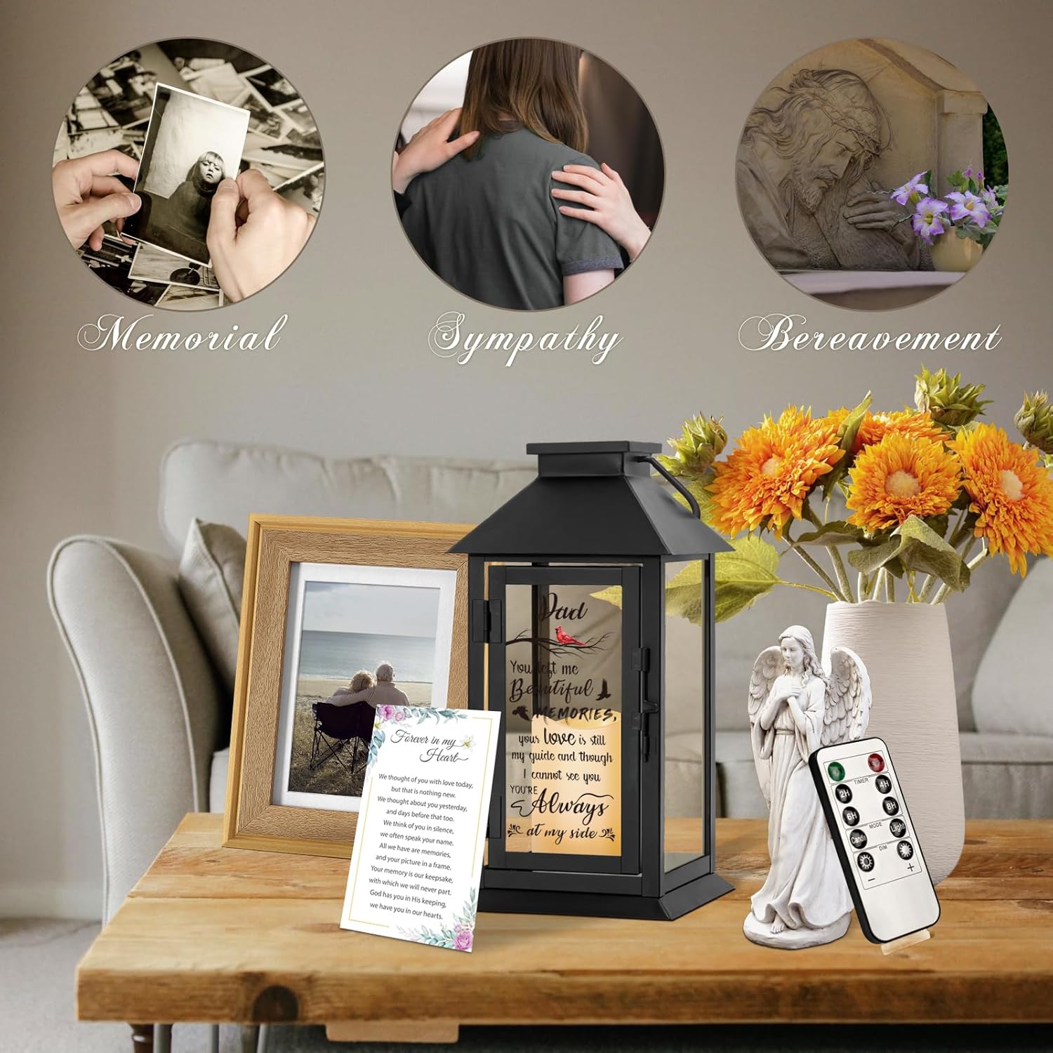 Condition photo showing New/Like New for memorial lantern bereavement gifts in memory of loved one memorial gifts for loss of father remembrance sympathy gifts for loss of loved one with led candle and remote dad