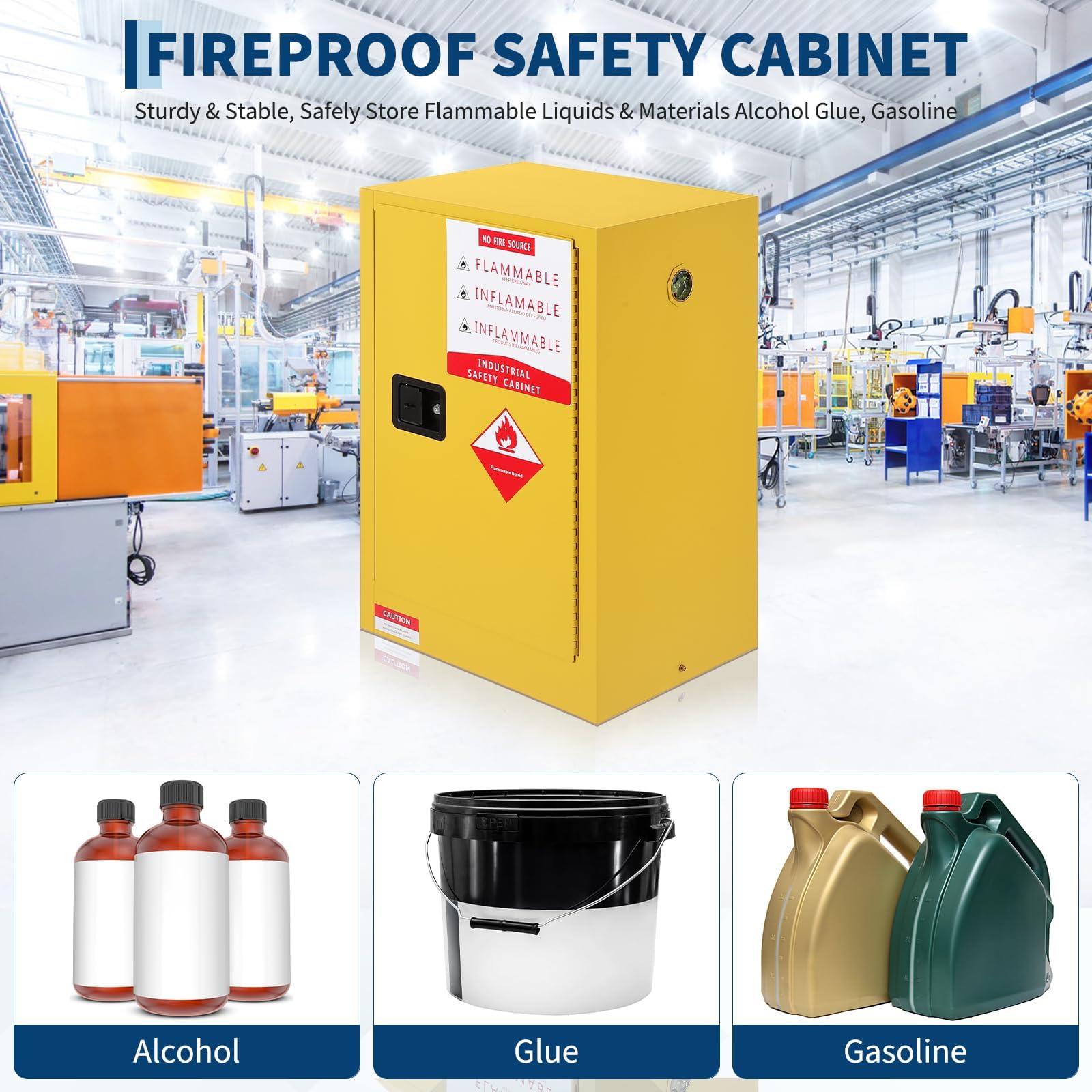 Garvee Feuerfester Sicherheitsschranke Für Brennbare Flüssigkeiten,Sicherheitsschrank Abschliessbar, 16 gal,Schrank Mit Einem Verstellbaren Regal,457 x 457 x 889mm