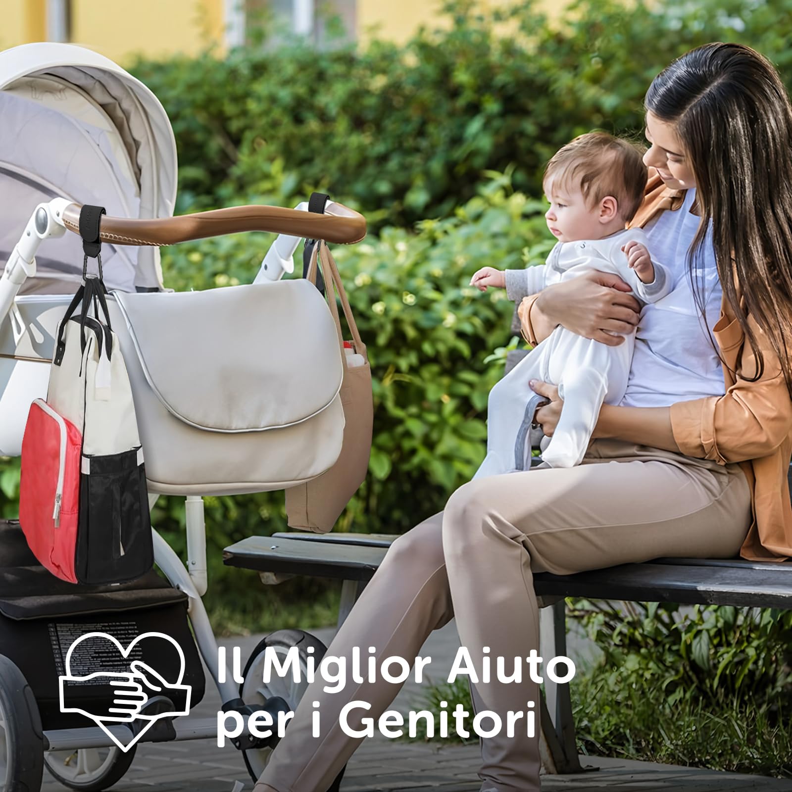 Ganci per Passeggino Porta Borse in Pelle, 2 Pezzi Universali Accessori Passeggino per Appendere Borse, Zaini e Borsa della Spesa, Antiscivolo, Cuciture Forti (Nero)
