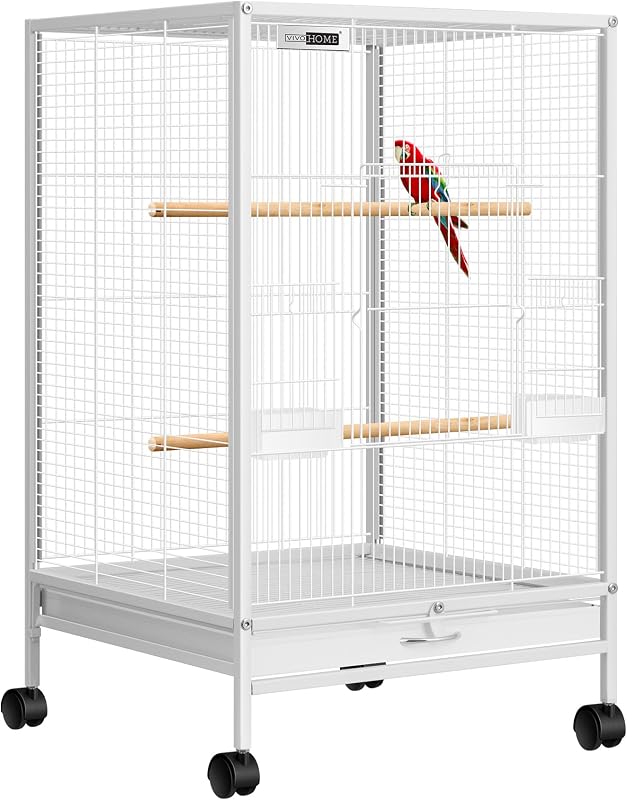 Wrought Iron Bird Cage with Rolling Stand, 30 Inch Height | Standing Bird Flight Cage with Casters, Slide-out Tray for Parakeets Cockatiels Lovebirds Canaries Finches Conures, Whtie