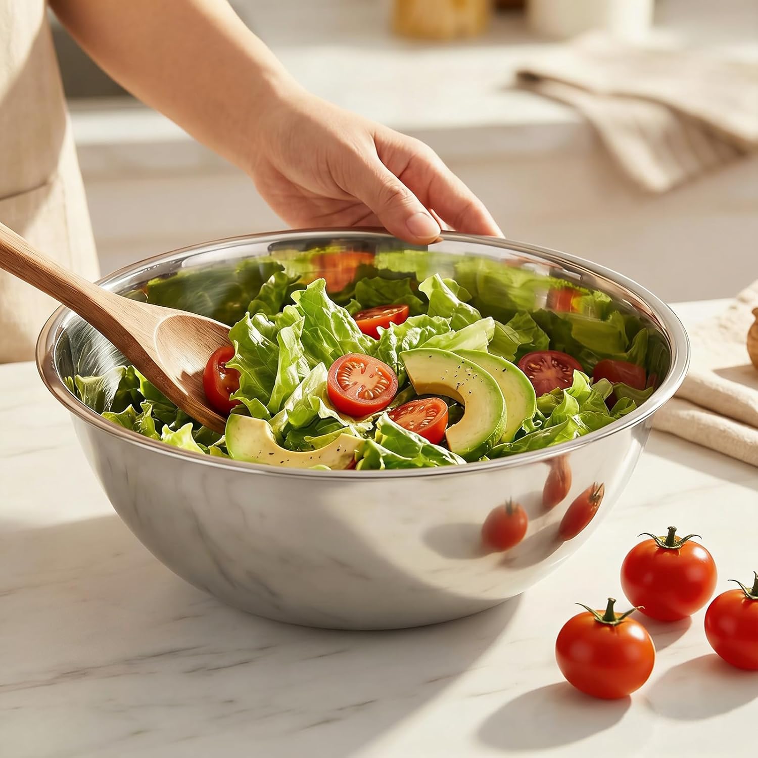 SHEUTSAN 4 PCS 8 Quart Stainless Steel Mixing Bowls, 13.3 x 7.4 x 4.7 Inch Metal Mixing Bowls for Food Home Kitchen