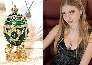 Luxurious Large Russian Fabergé Egg Trinket Box PLUS Silver Ball Necklace SET Emerald Green Faberge Egg HANDMADE Fabergé Egg for Ornament 300 Austrian Crystal DIAMOND Set in Vermeil Pure GOLD Faberge
