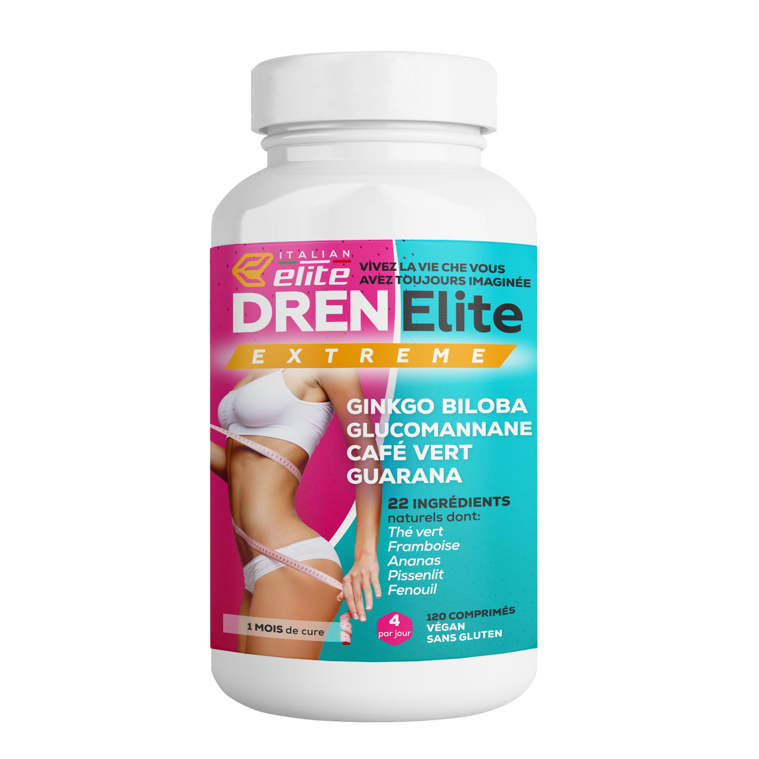 Italian Elite® Dren Extreme,120 comprimés avec Glucomannane, Café Vert, Bromélaïne, Théine. 22 extraits botaniques.